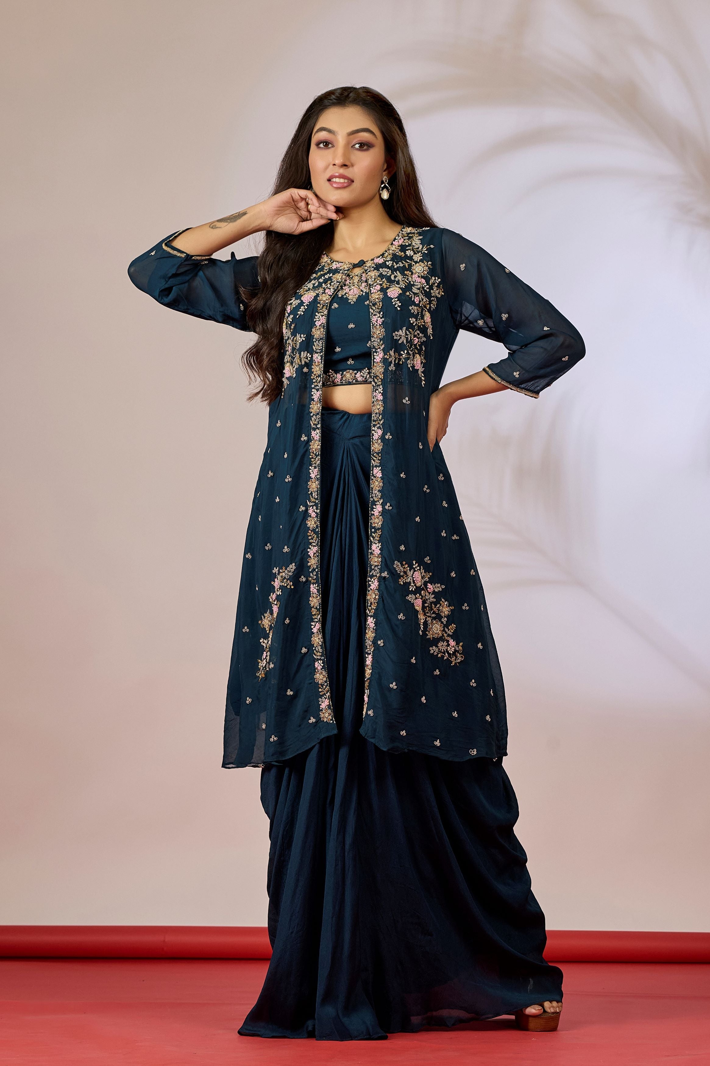 Deep Teal Embellished Chinon Silk Cape Set