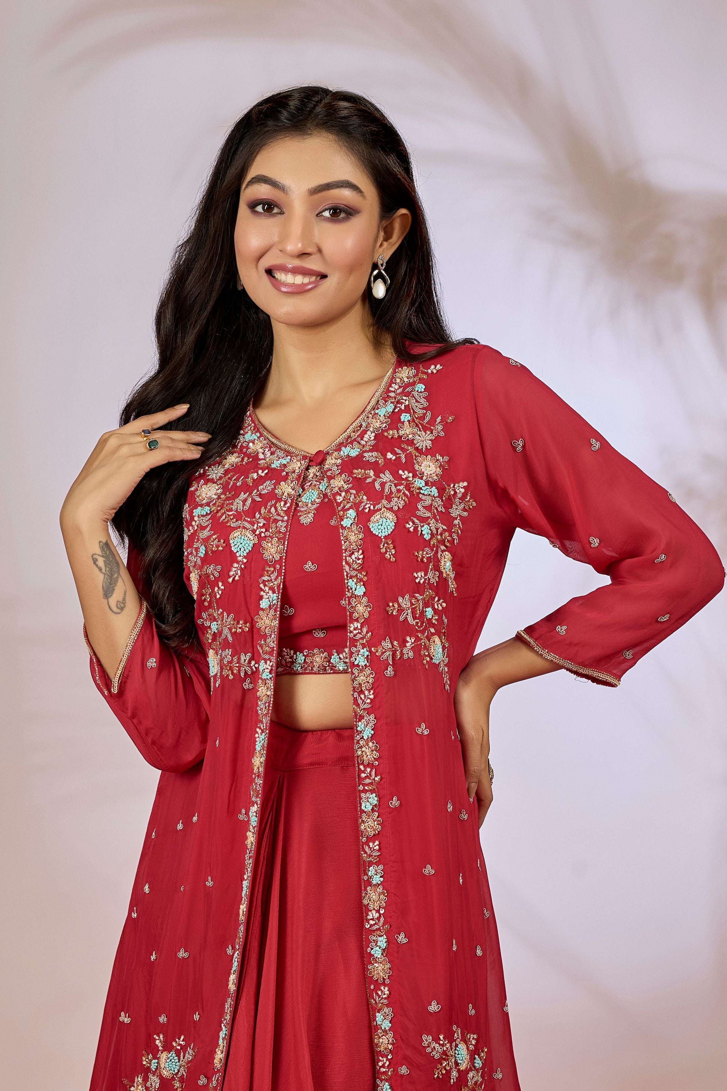 Rose Red Embellished Chinon Silk Cape Set