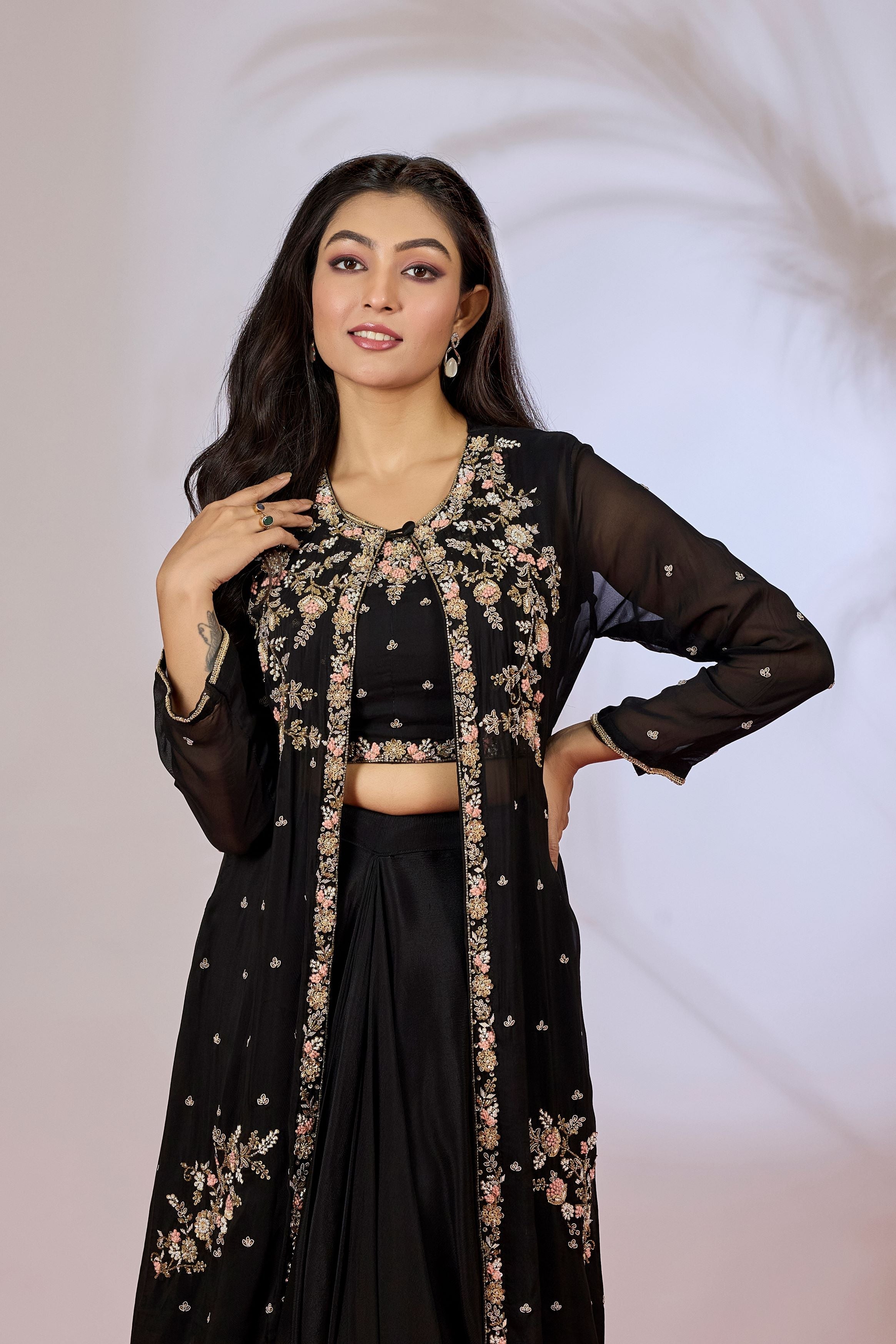 Black Embellished Chinon Silk Cape Set