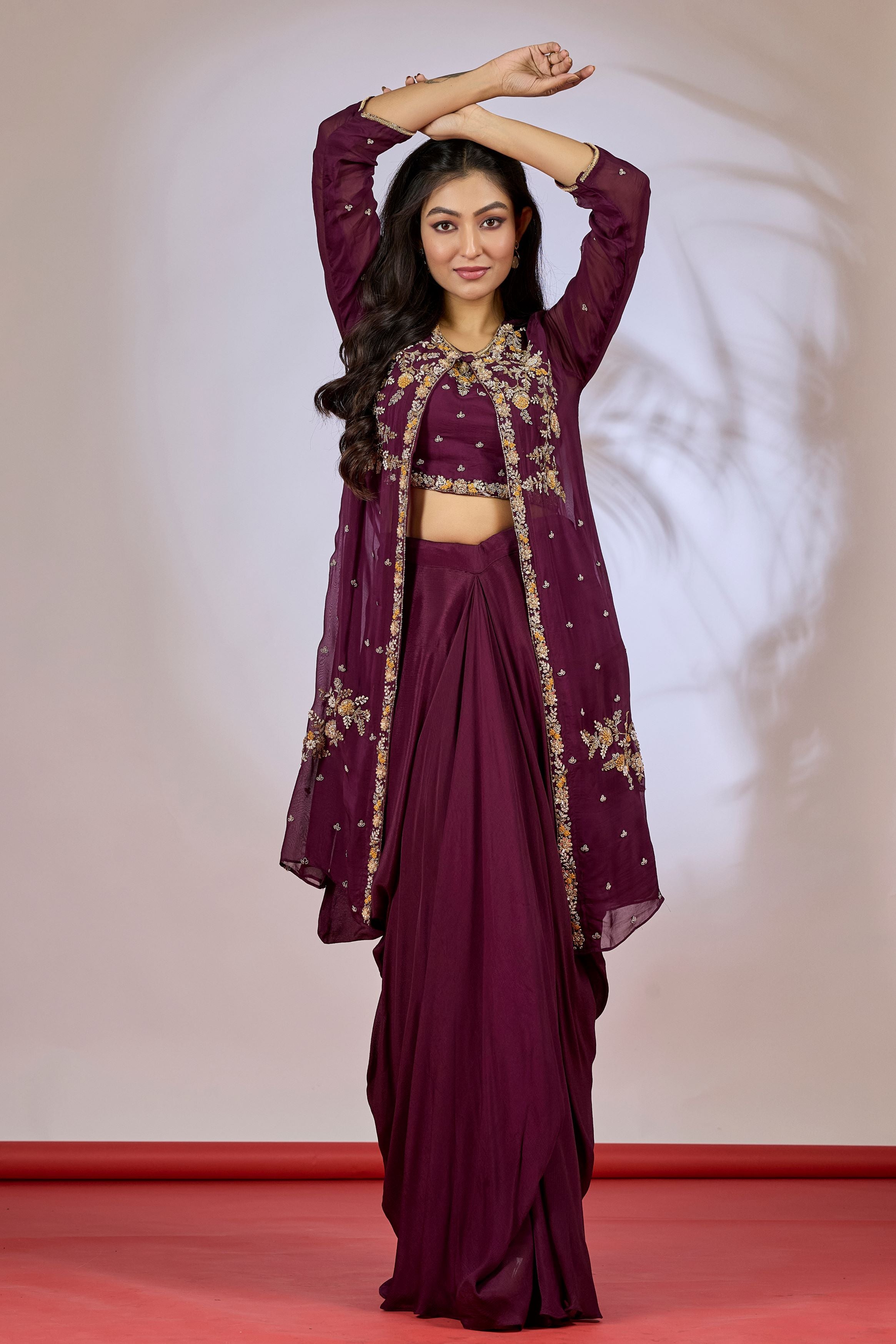 Deep Purple Embellished Chinon Silk Cape Set