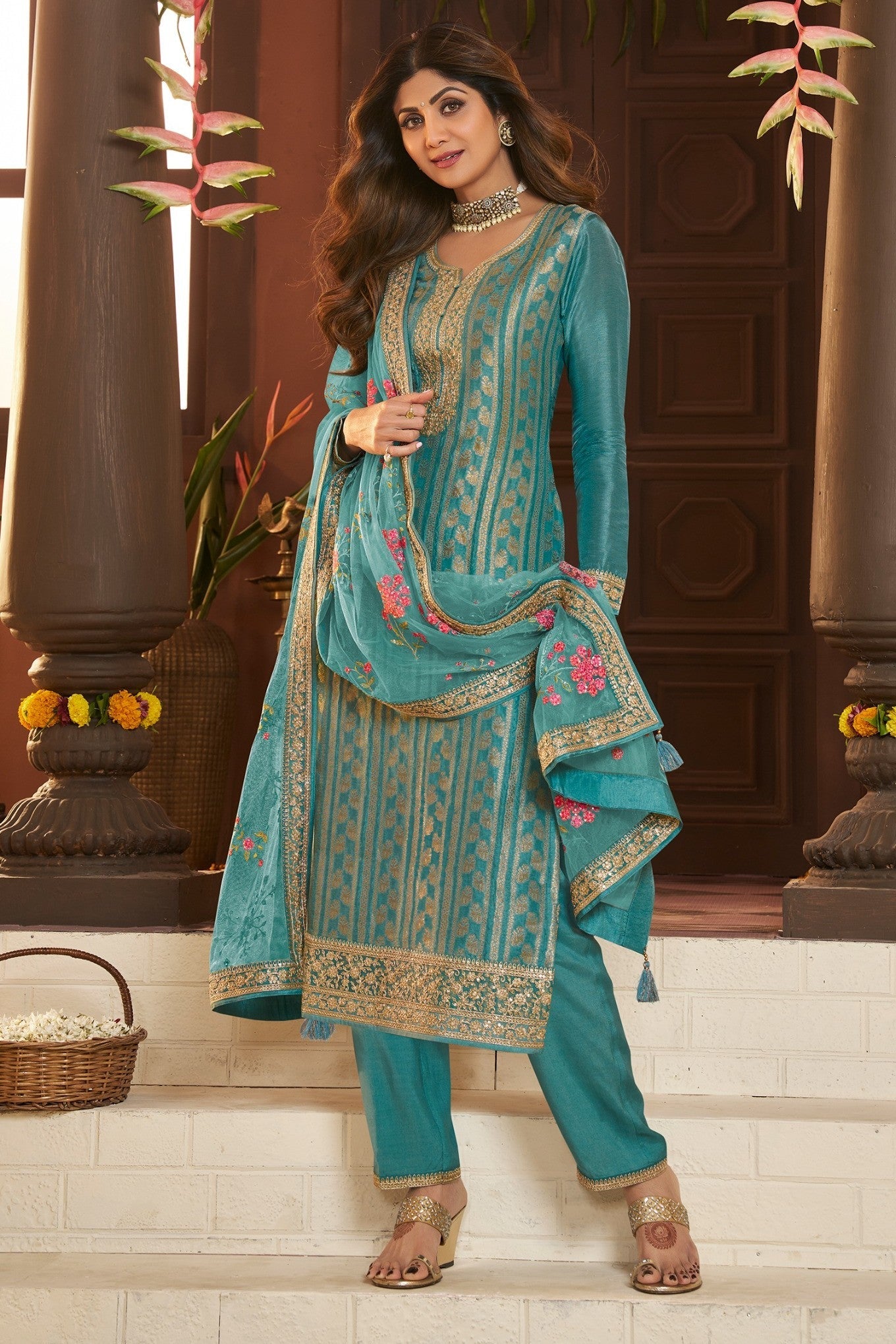 Sky Blue Embroidered Organza Silk Pants Set