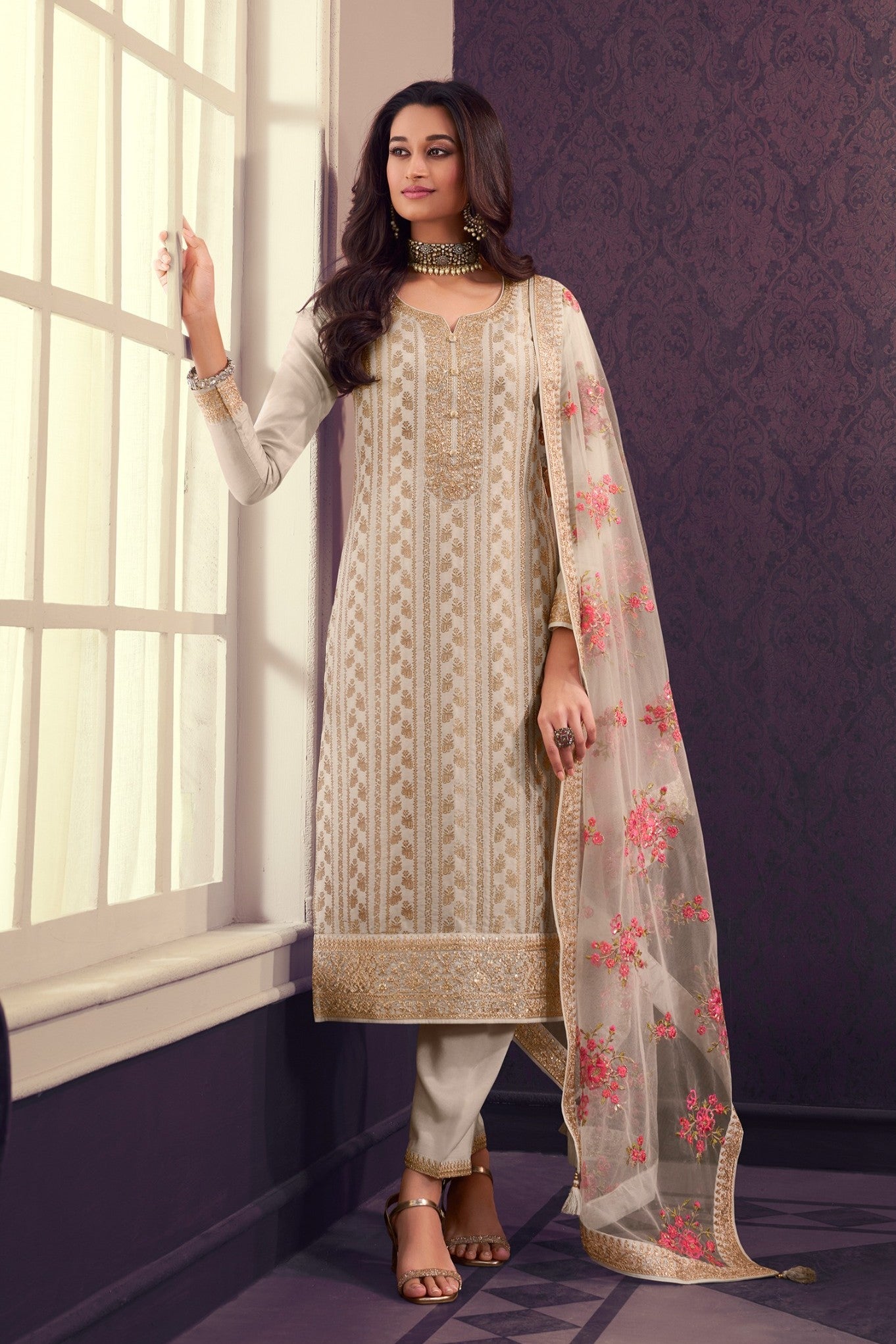 Champagne Gold Embroidered Organza Silk Pants Set