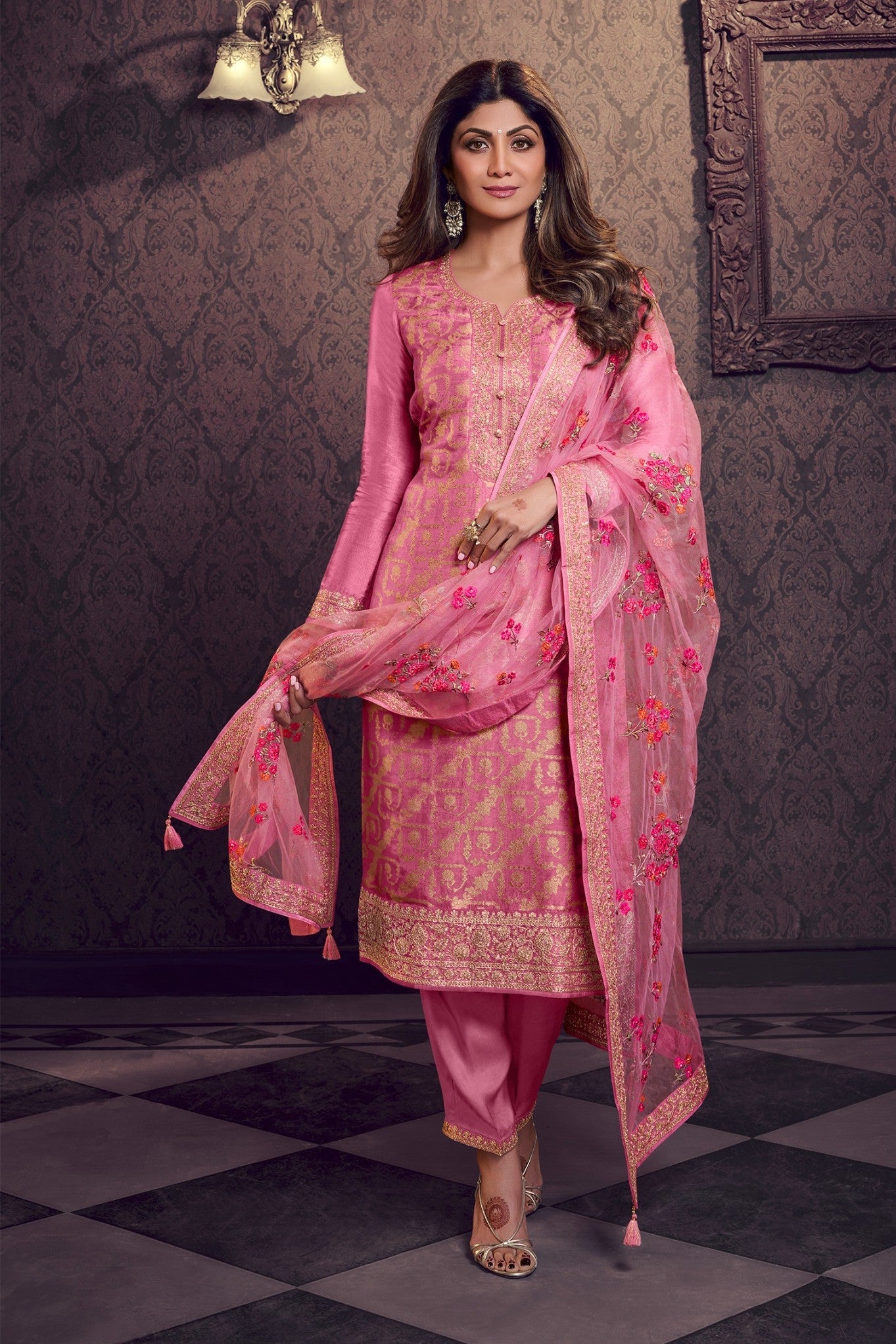 Pink Embroidered Banarasi Organza Silk Pants Set