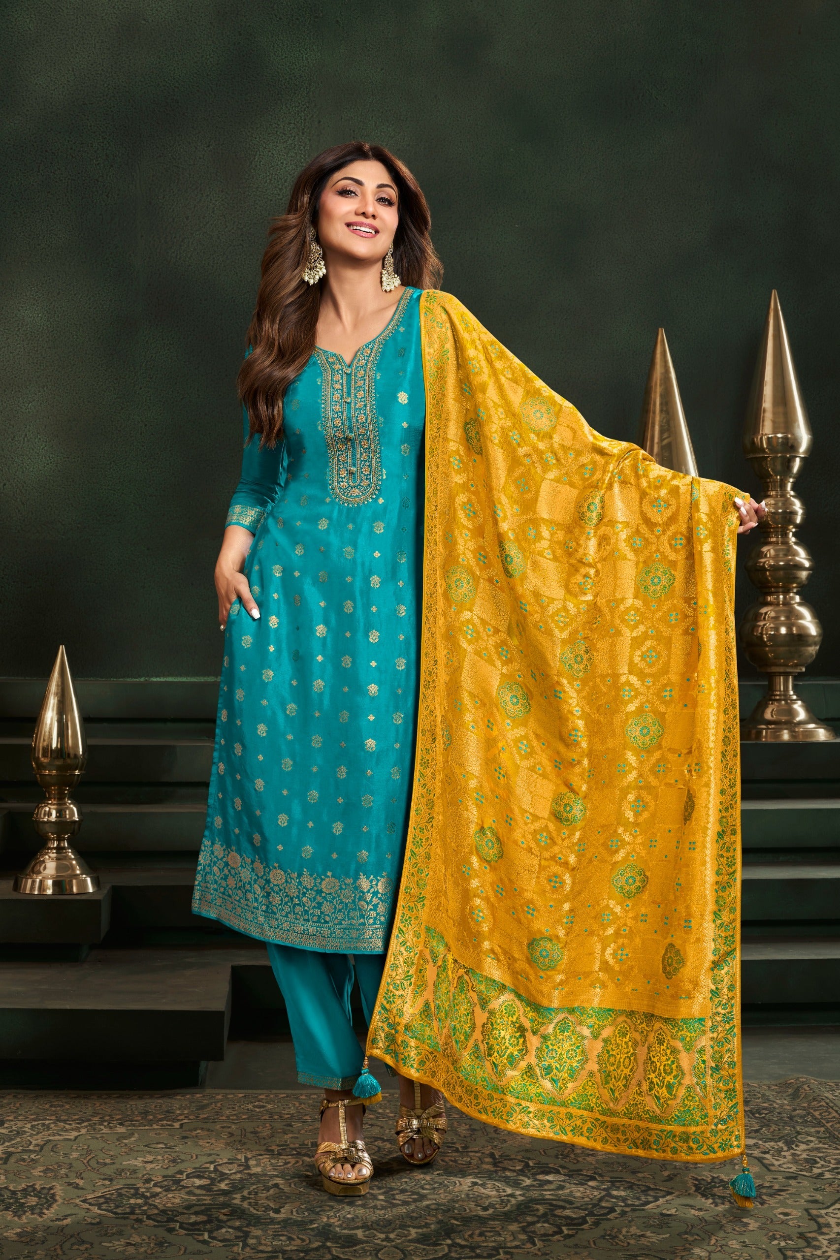 Turquoise Embellished Brocade Silk Pant Set