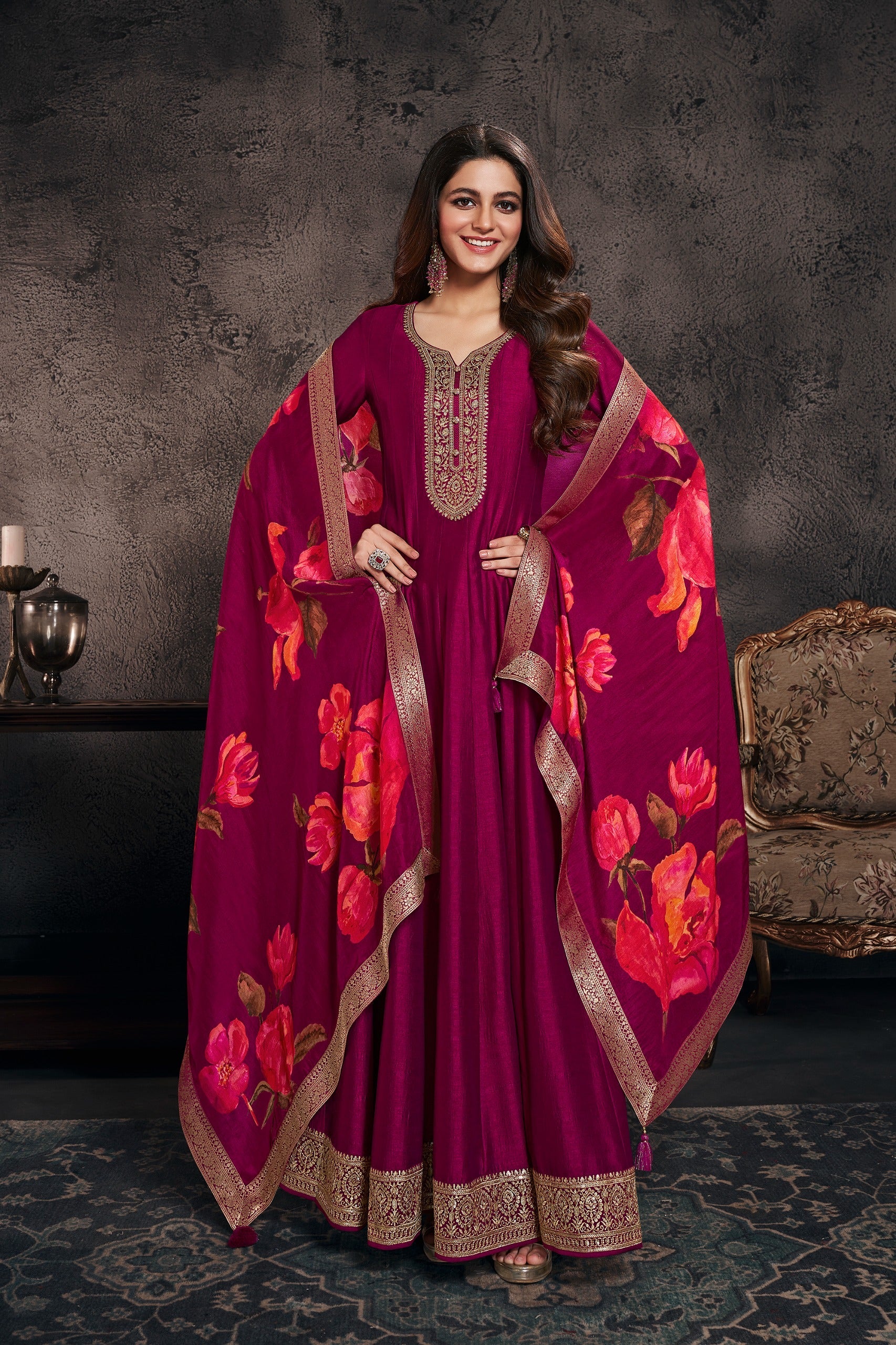 Fuchsia Pink Embellished Brocade Silk Anarkali Set