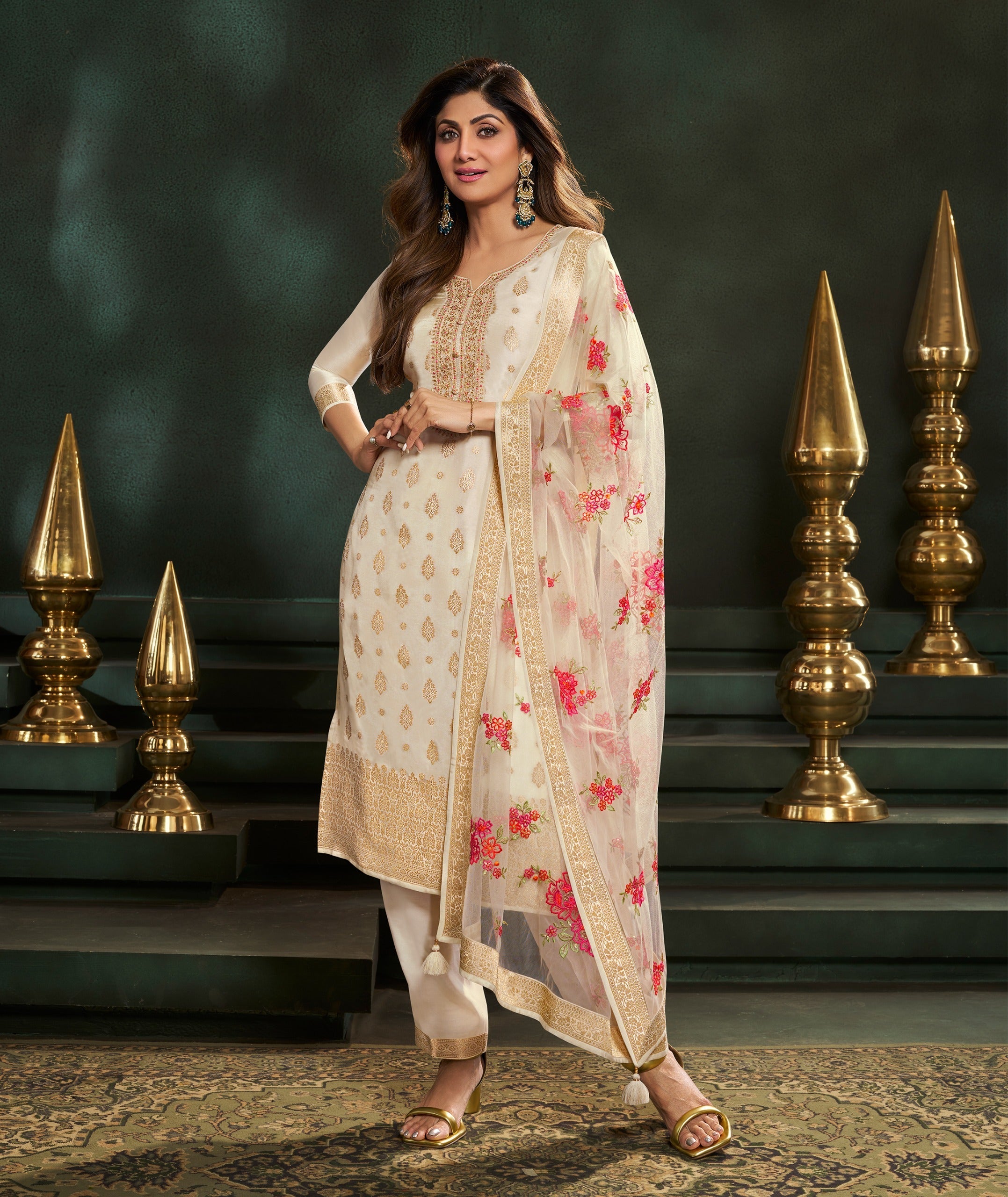 Soft Ivory Embellished Brocade Silk Pant Set