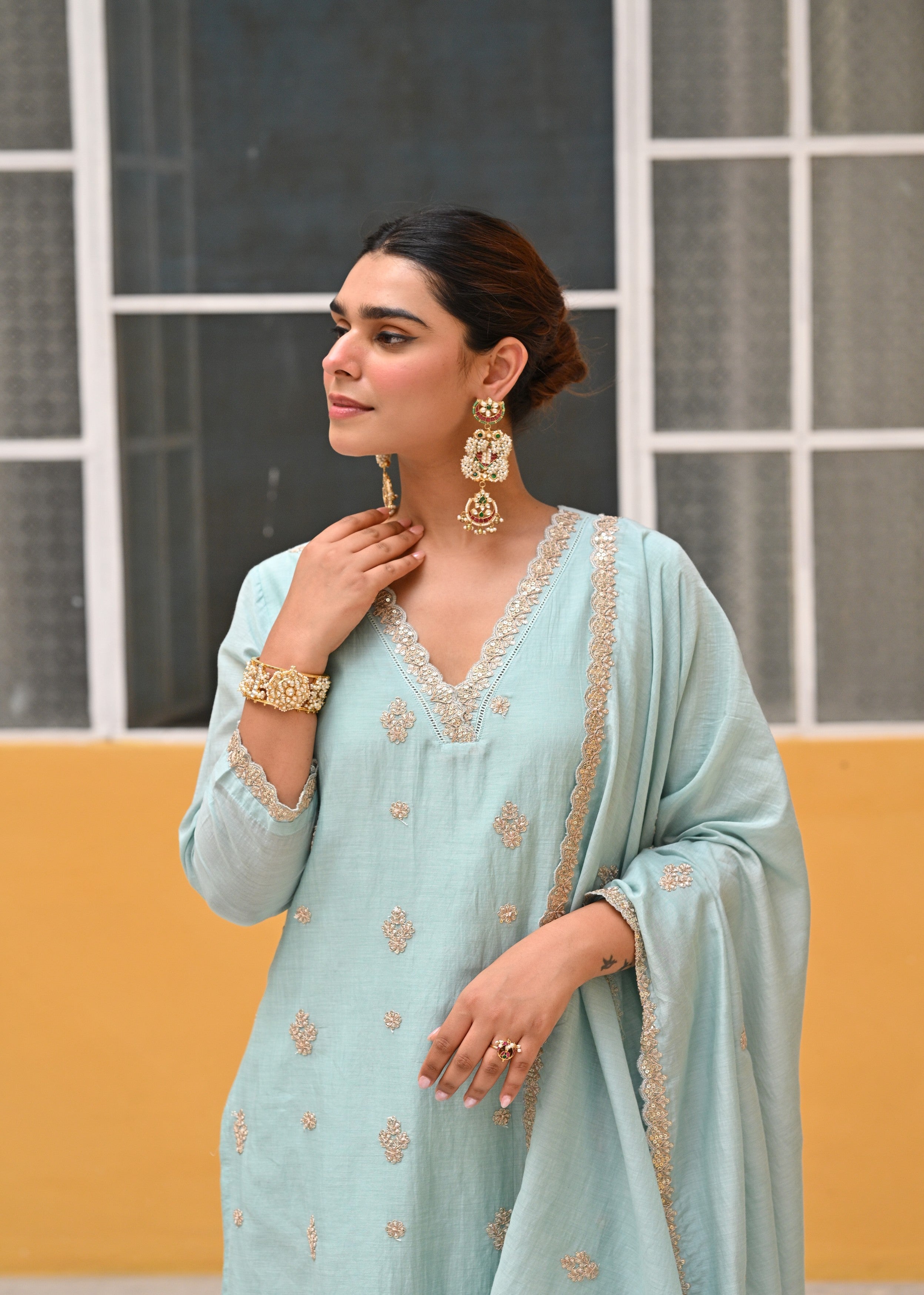 Light Blue Embellished Mul-Chanderi Silk Pant Set