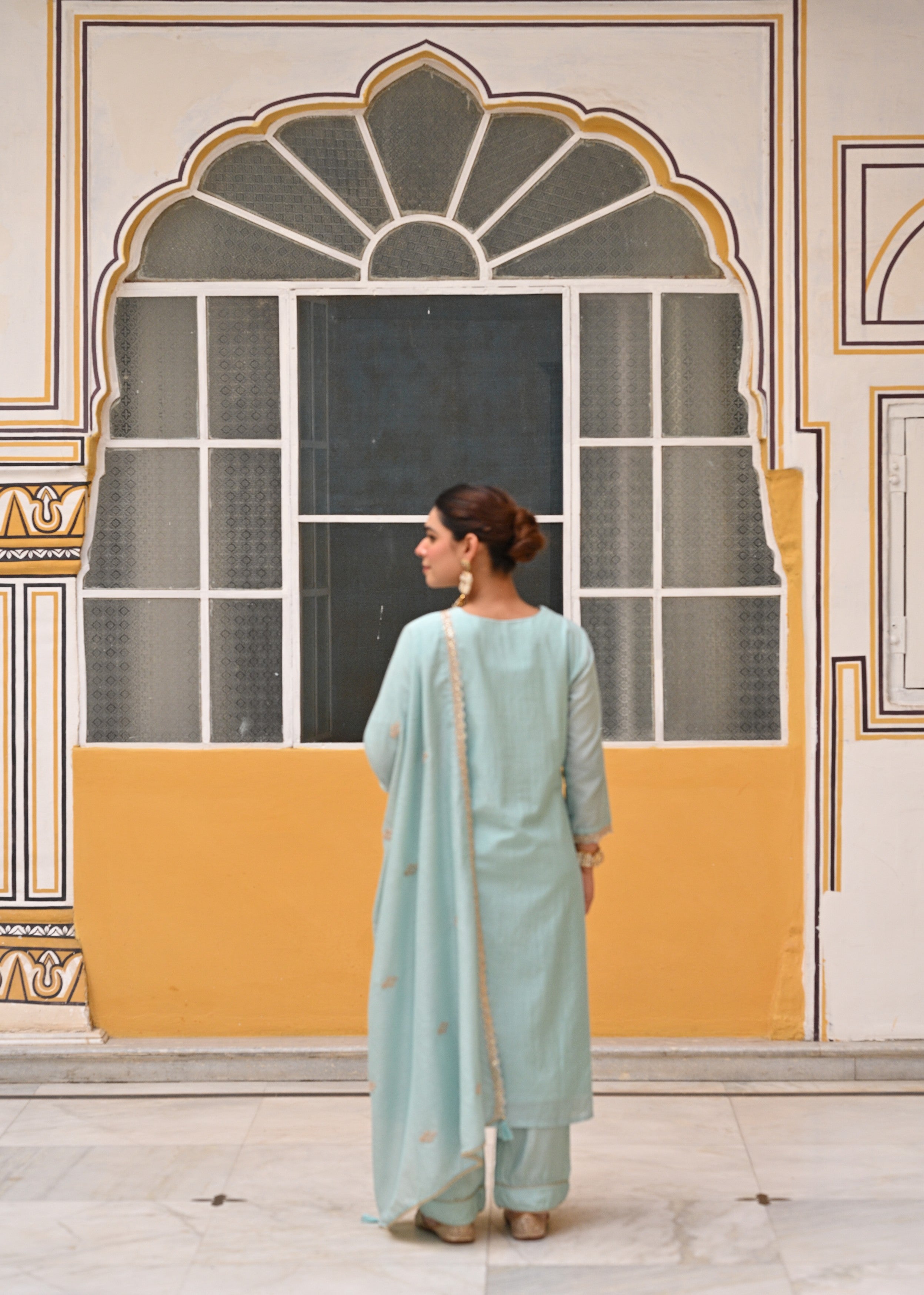 Light Blue Embellished Mul-Chanderi Silk Pant Set