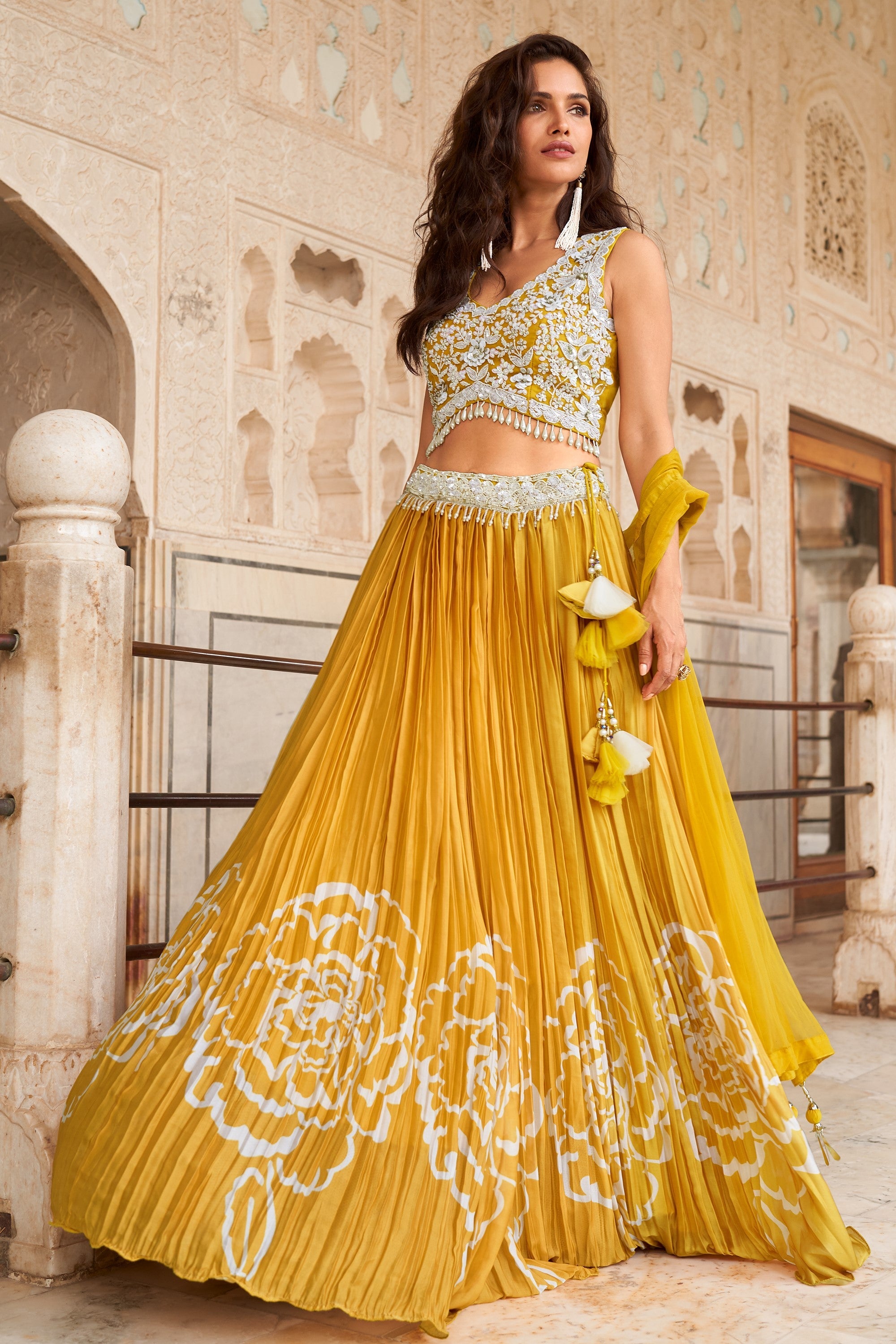 Yellow Embellished Satin Silk Lehenga Set