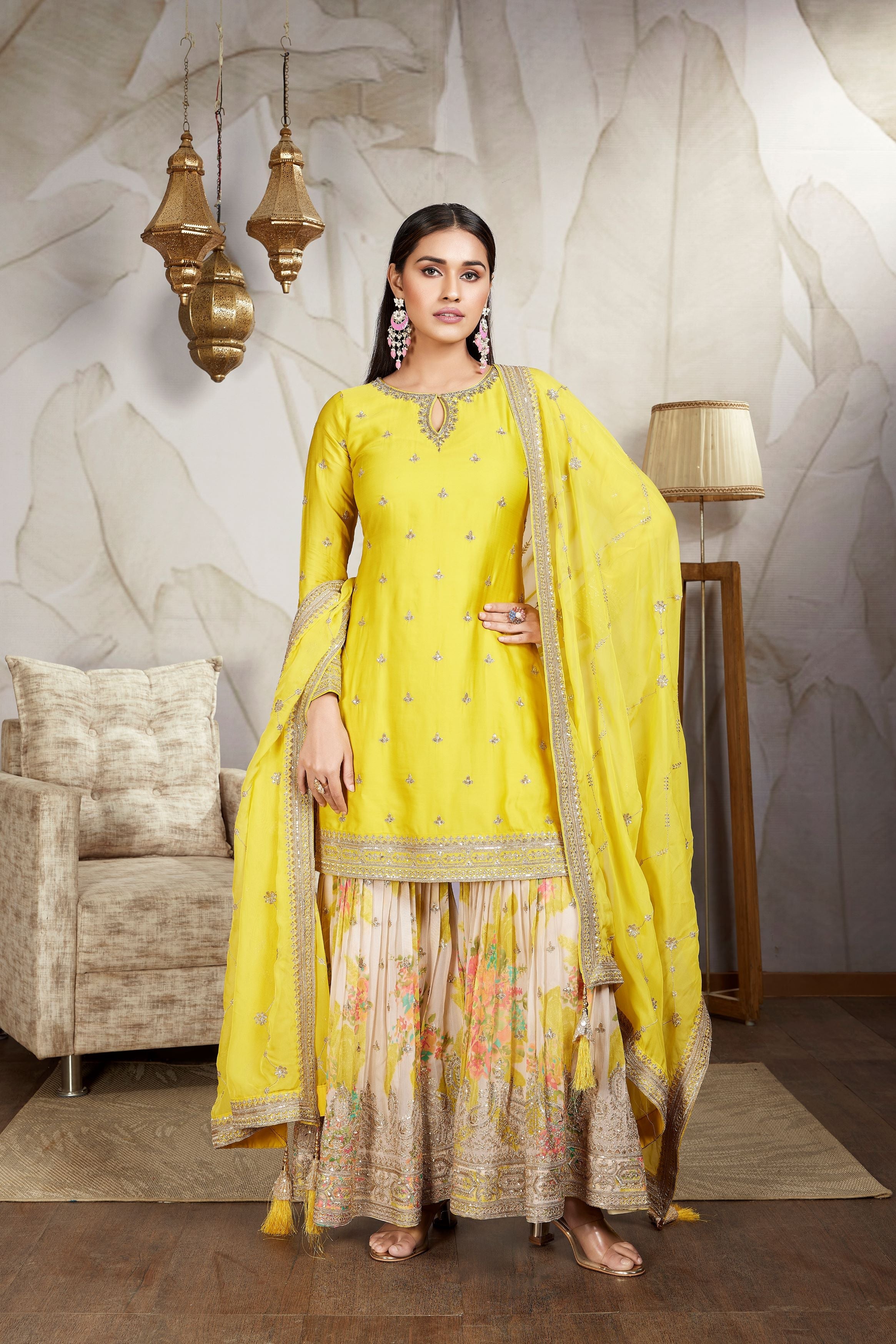 Yellow Embellished Raw Silk Sharara Set