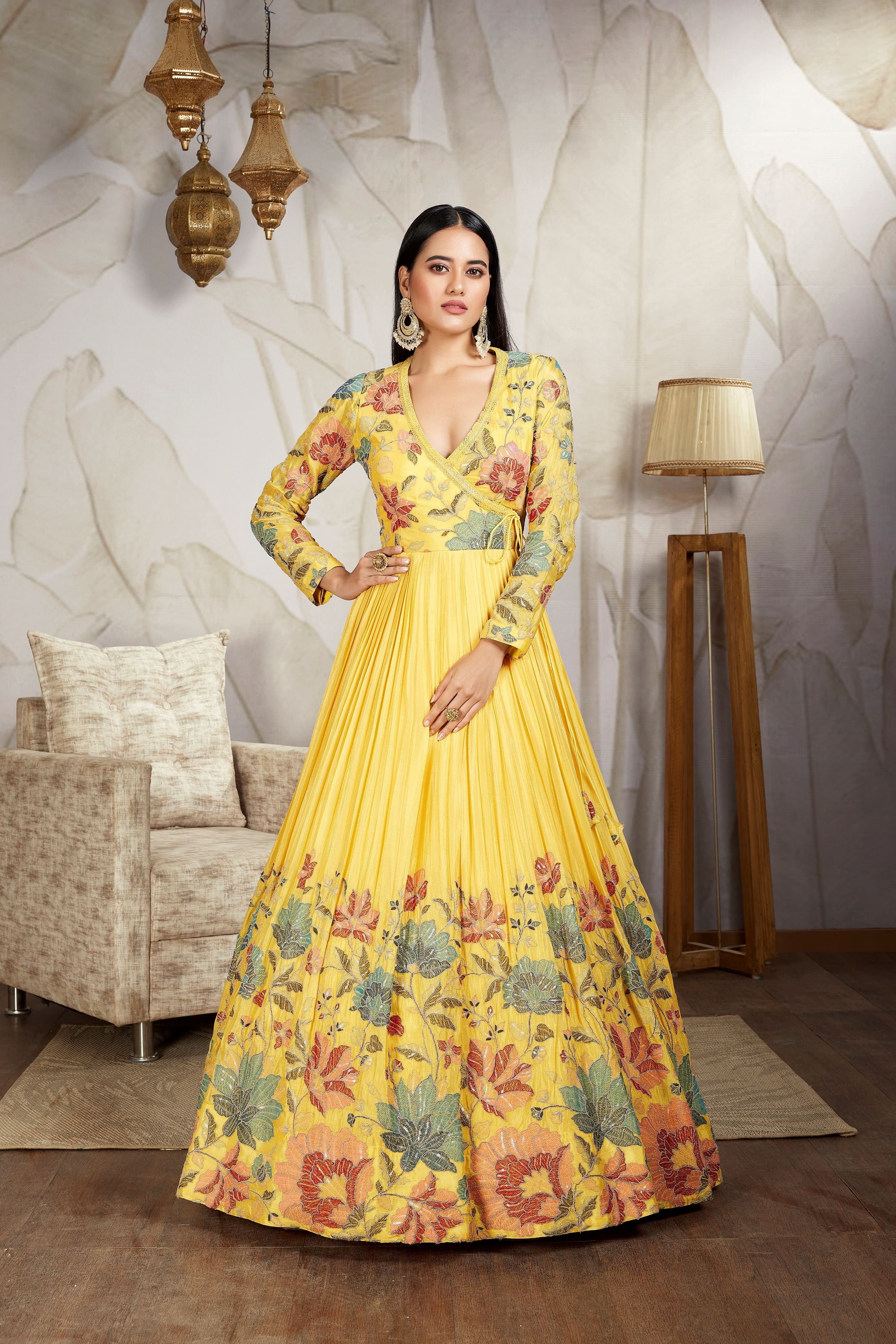 Sunshine Yellow Embroidered Raw Silk Gown