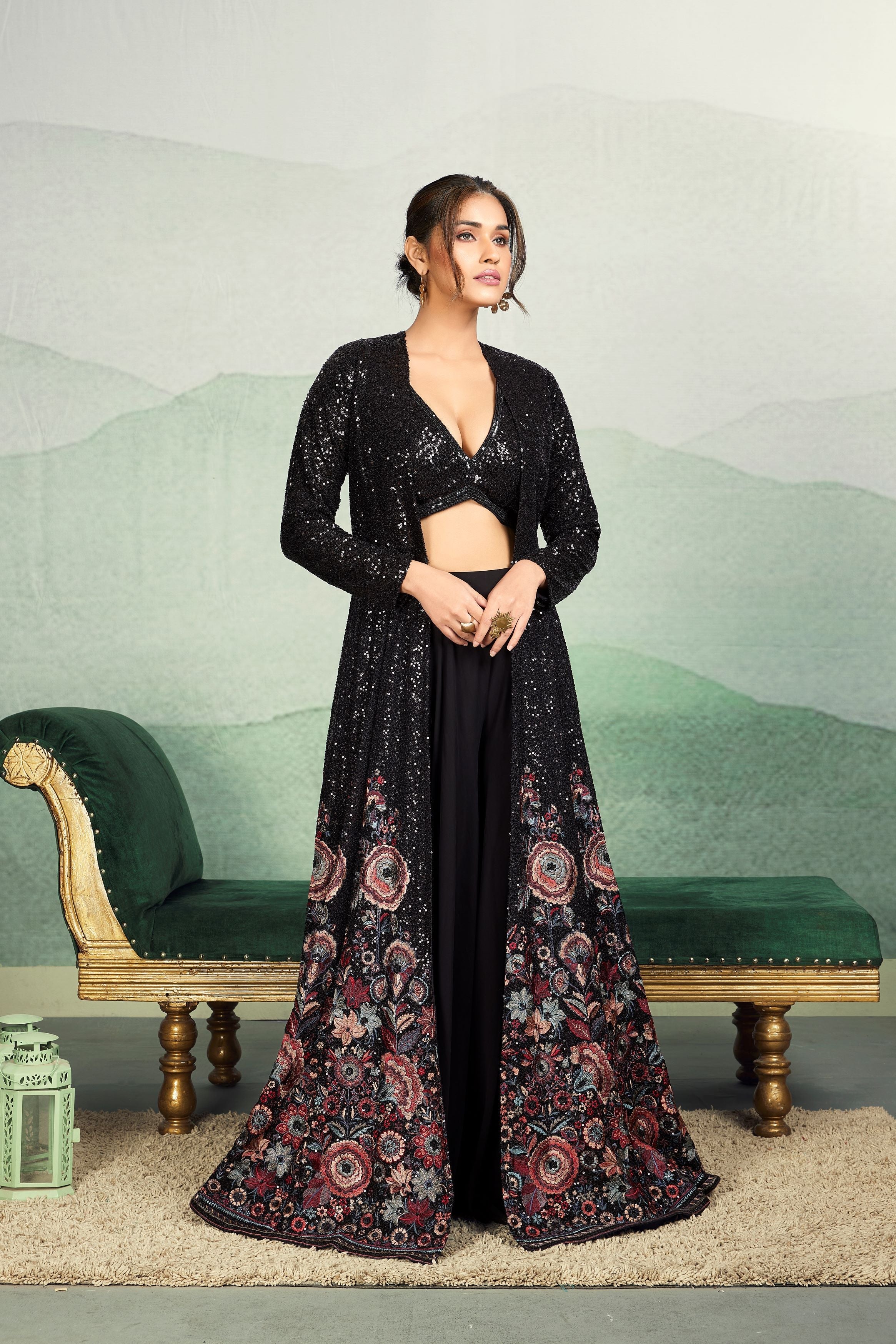 Black Embellished Georgette Silk Cape Set