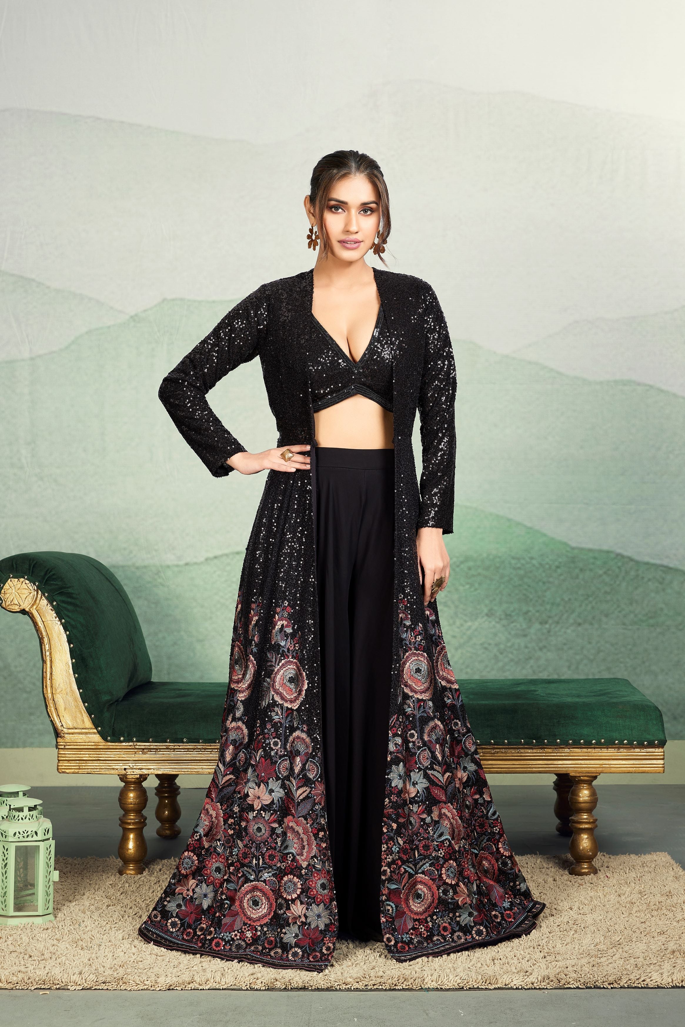 Black Embellished Georgette Silk Cape Set