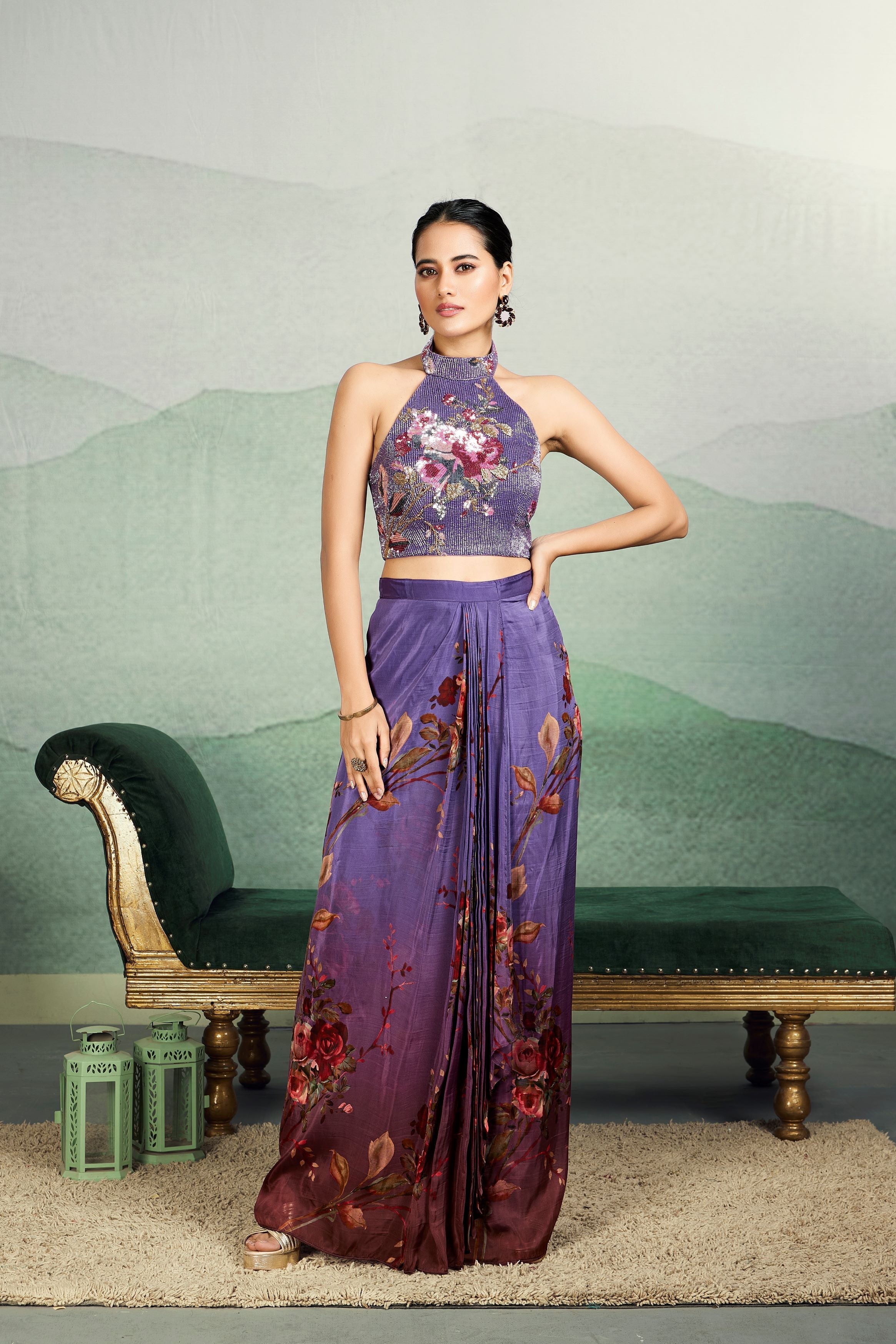 Mauve Floral Embroidered Premium Silk Drape Skirt Set