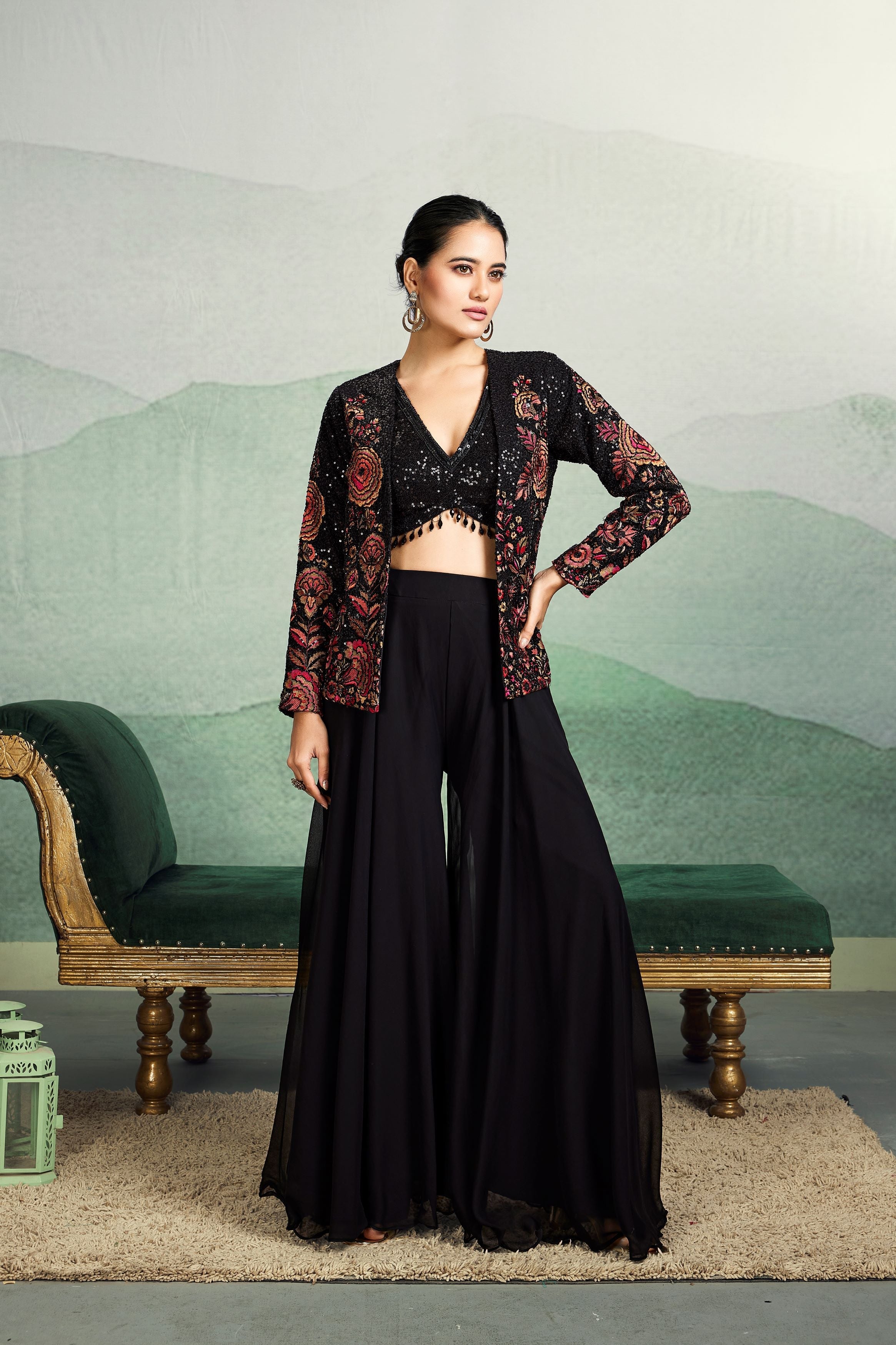 Black Embellished Georgette Silk Jacket Co-Ord Set