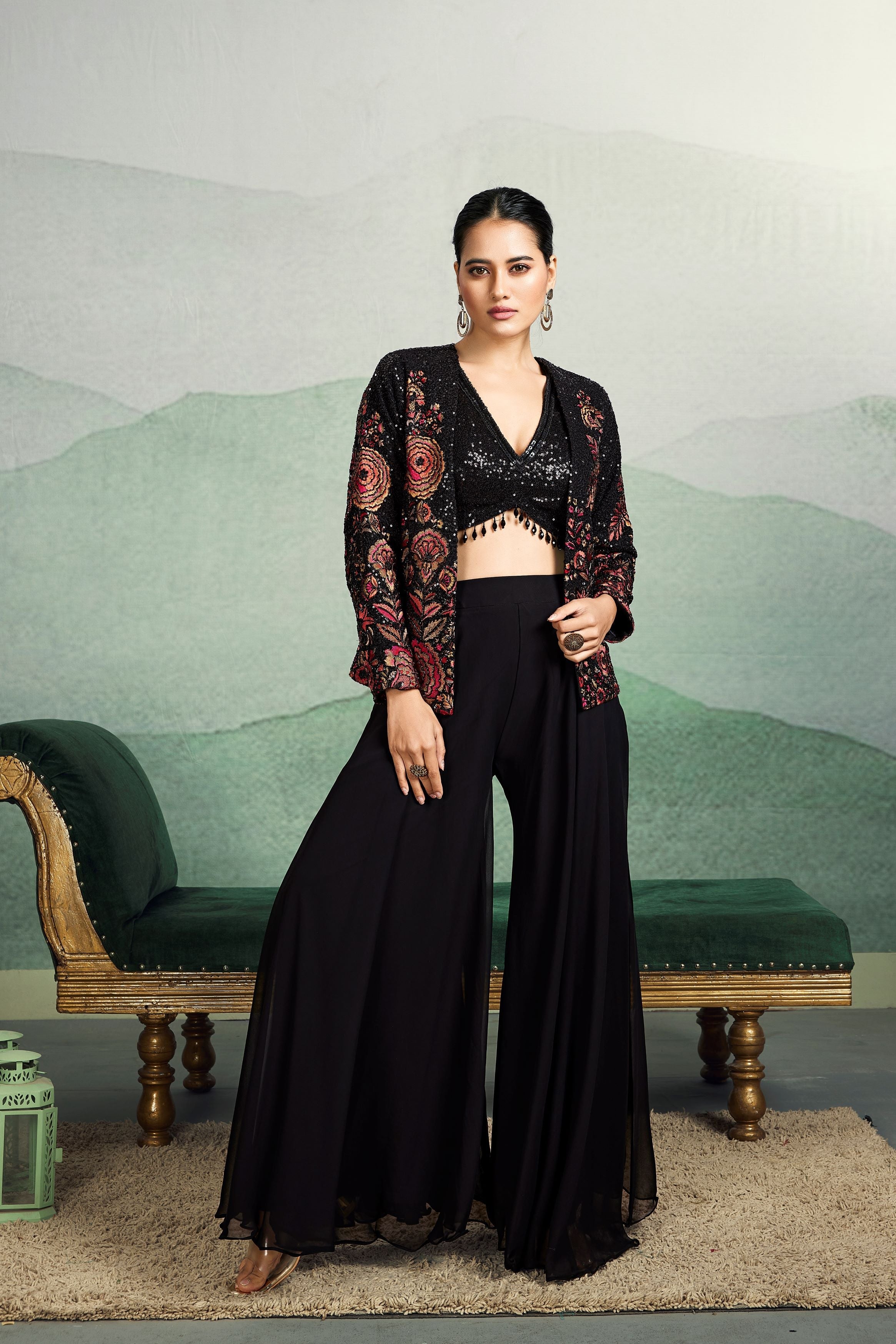 Black Embellished Georgette Silk Jacket Co-Ord Set