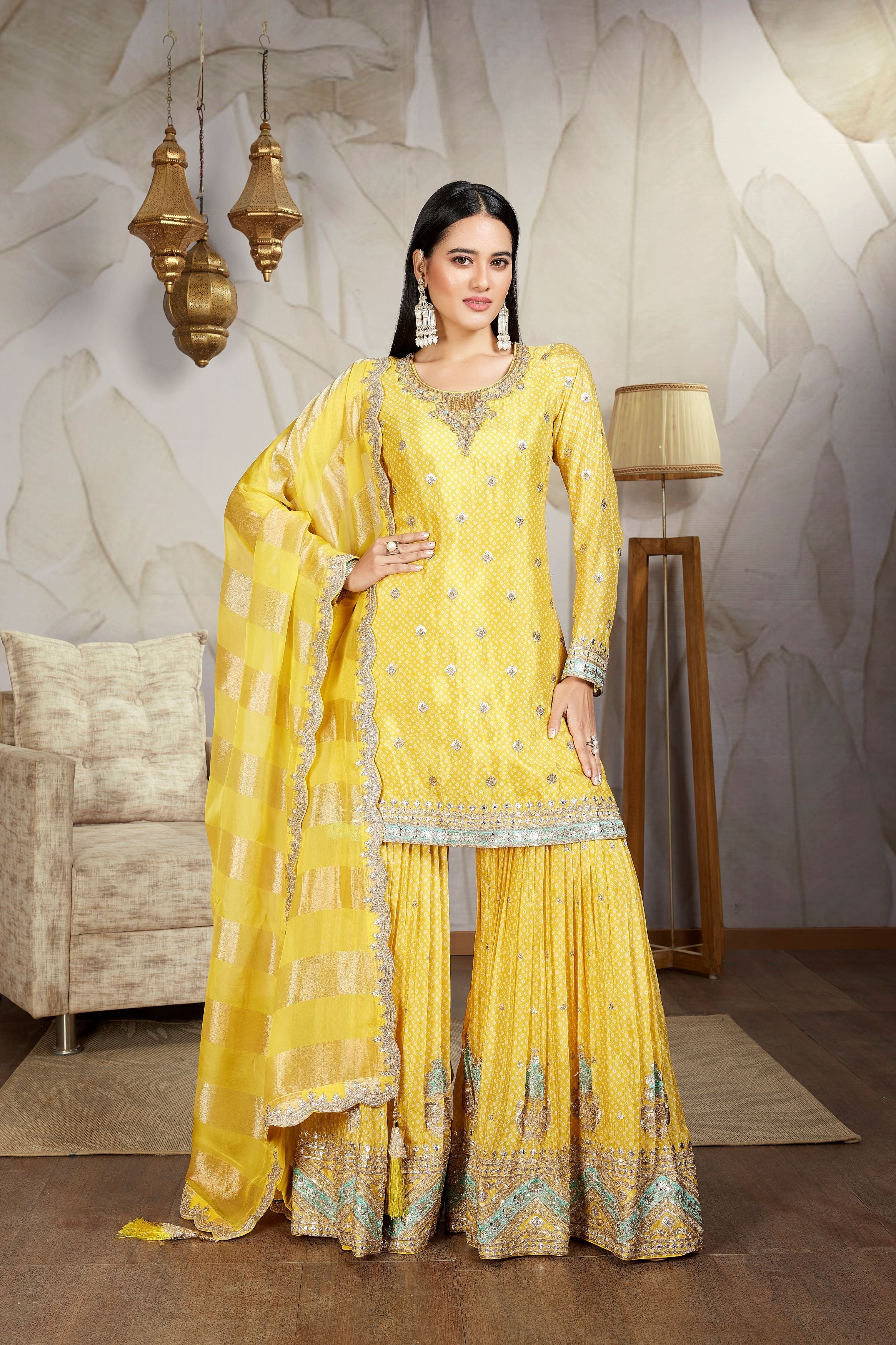 Yellow Embellished Chinon Silk Sharara Set