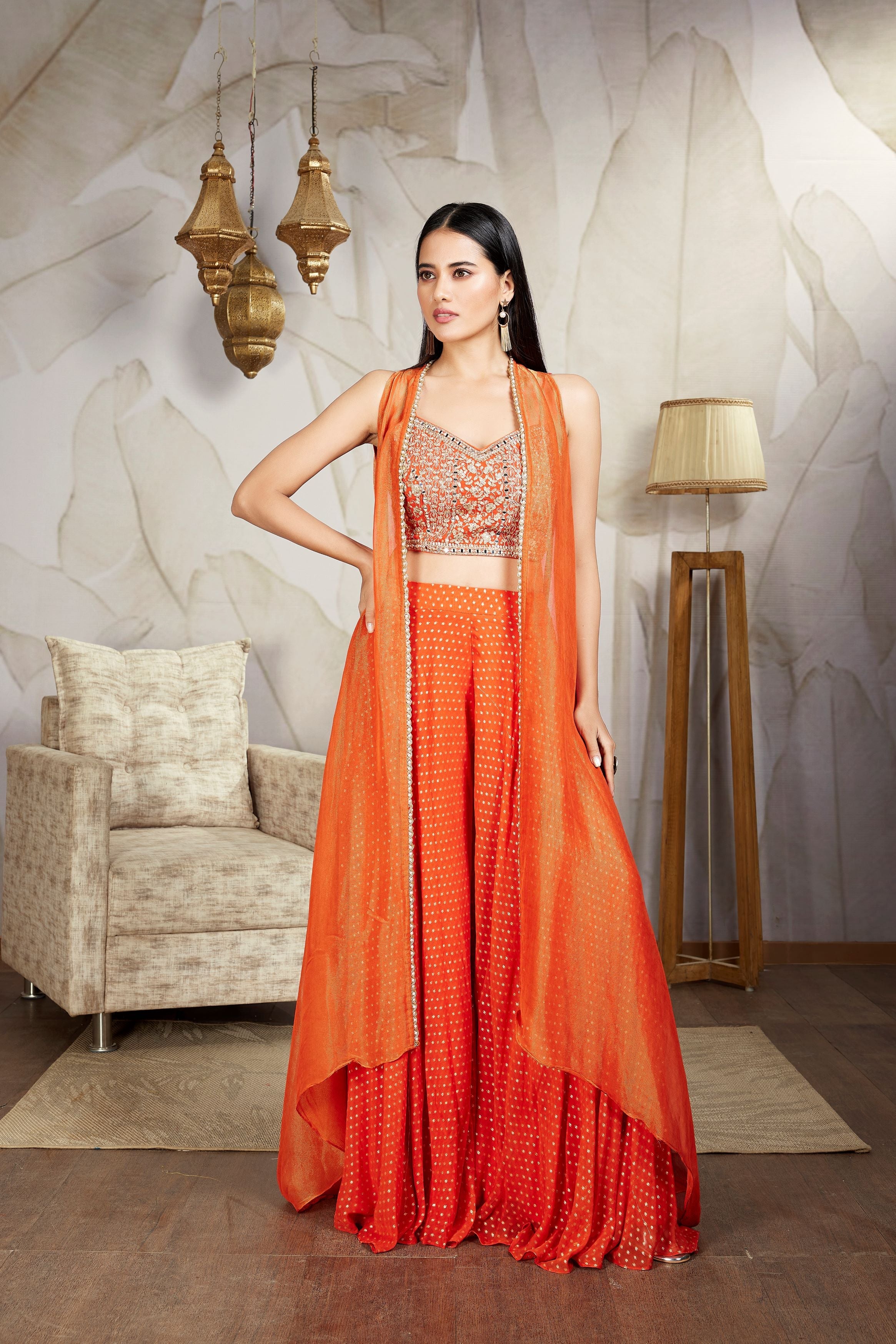 Orange Embellished Premium Silk Cape Set