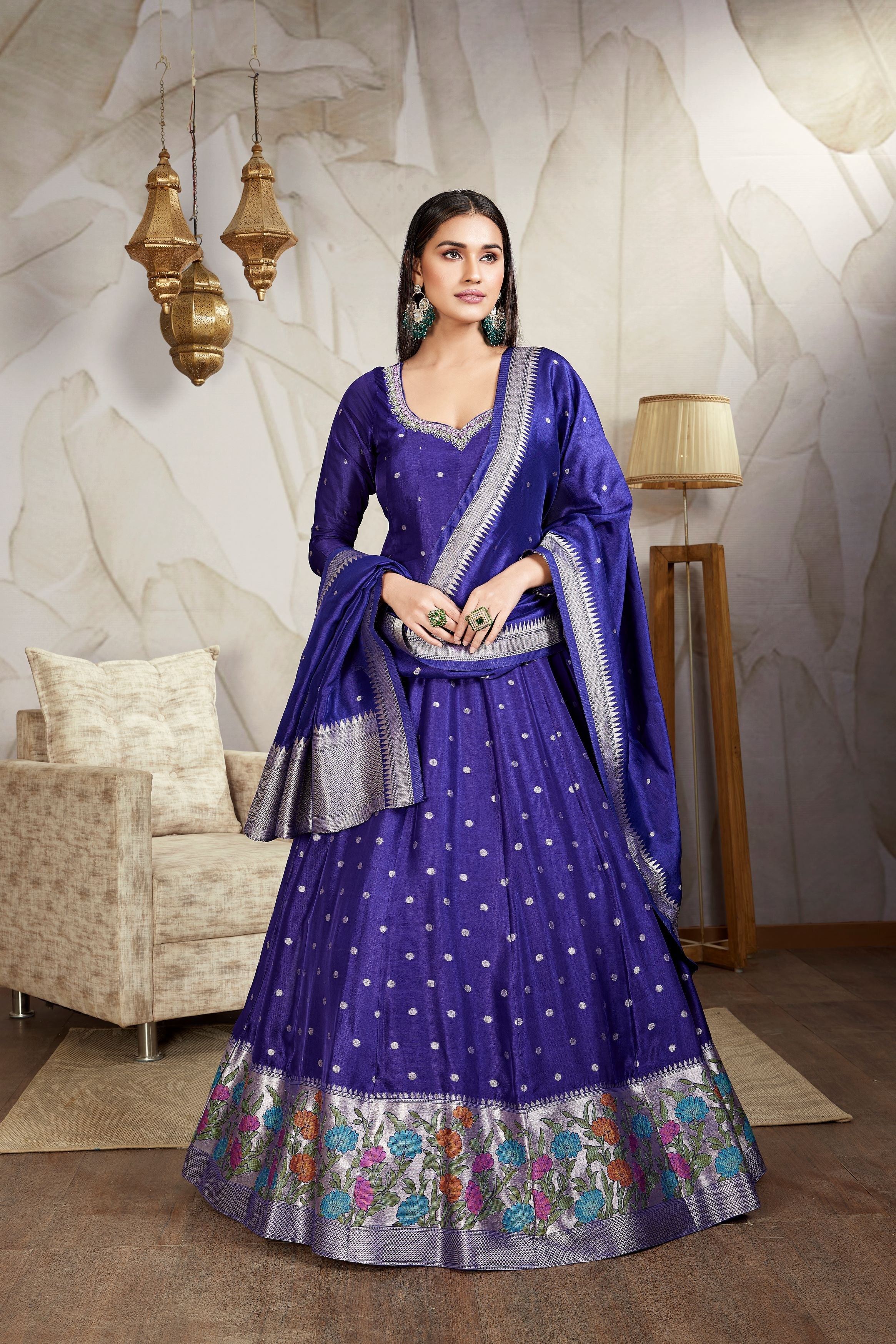 Deep Blue Floral Printed Raw Silk Anarkali Set