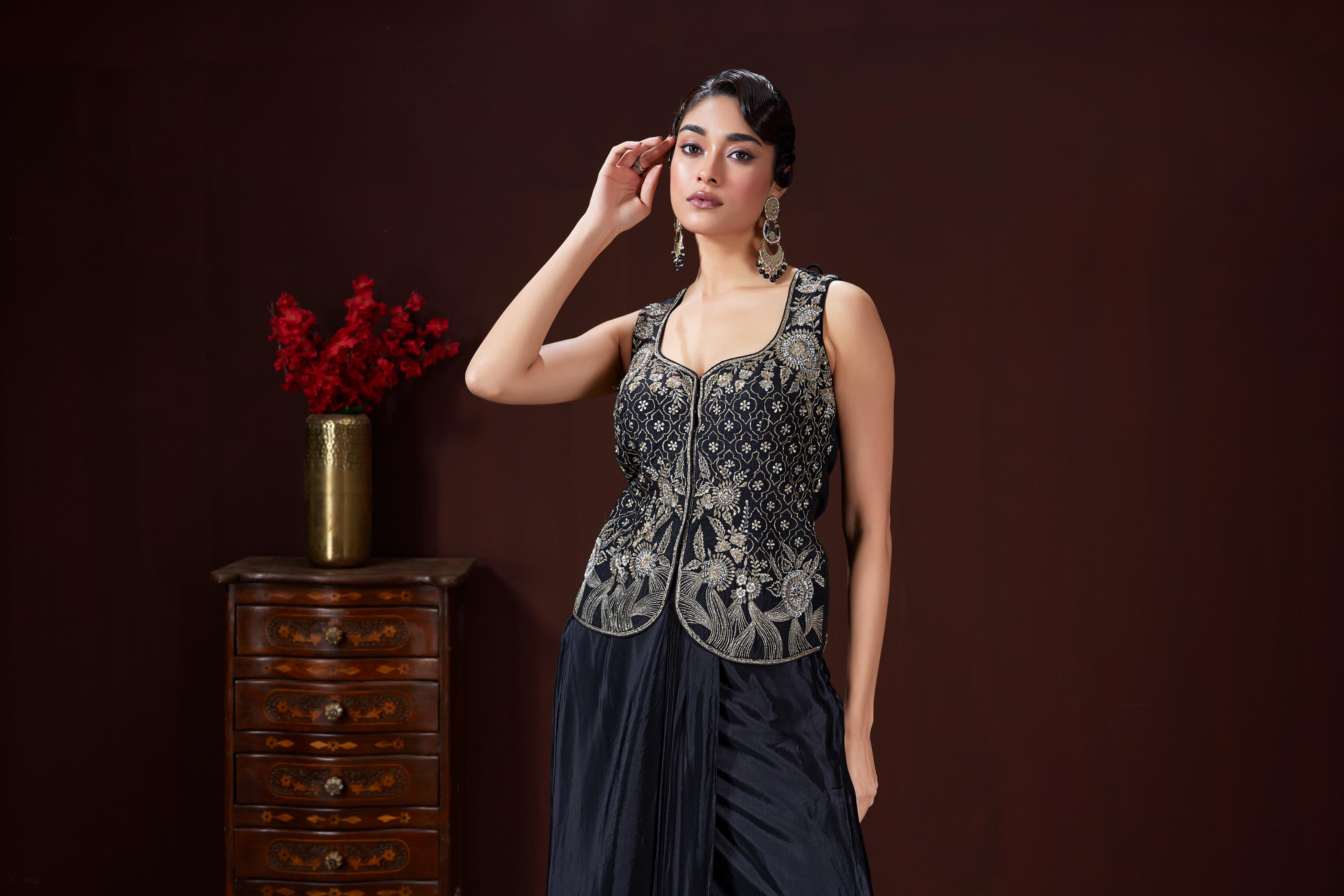 Classic Black Embellished Satin Silk Skirt Set