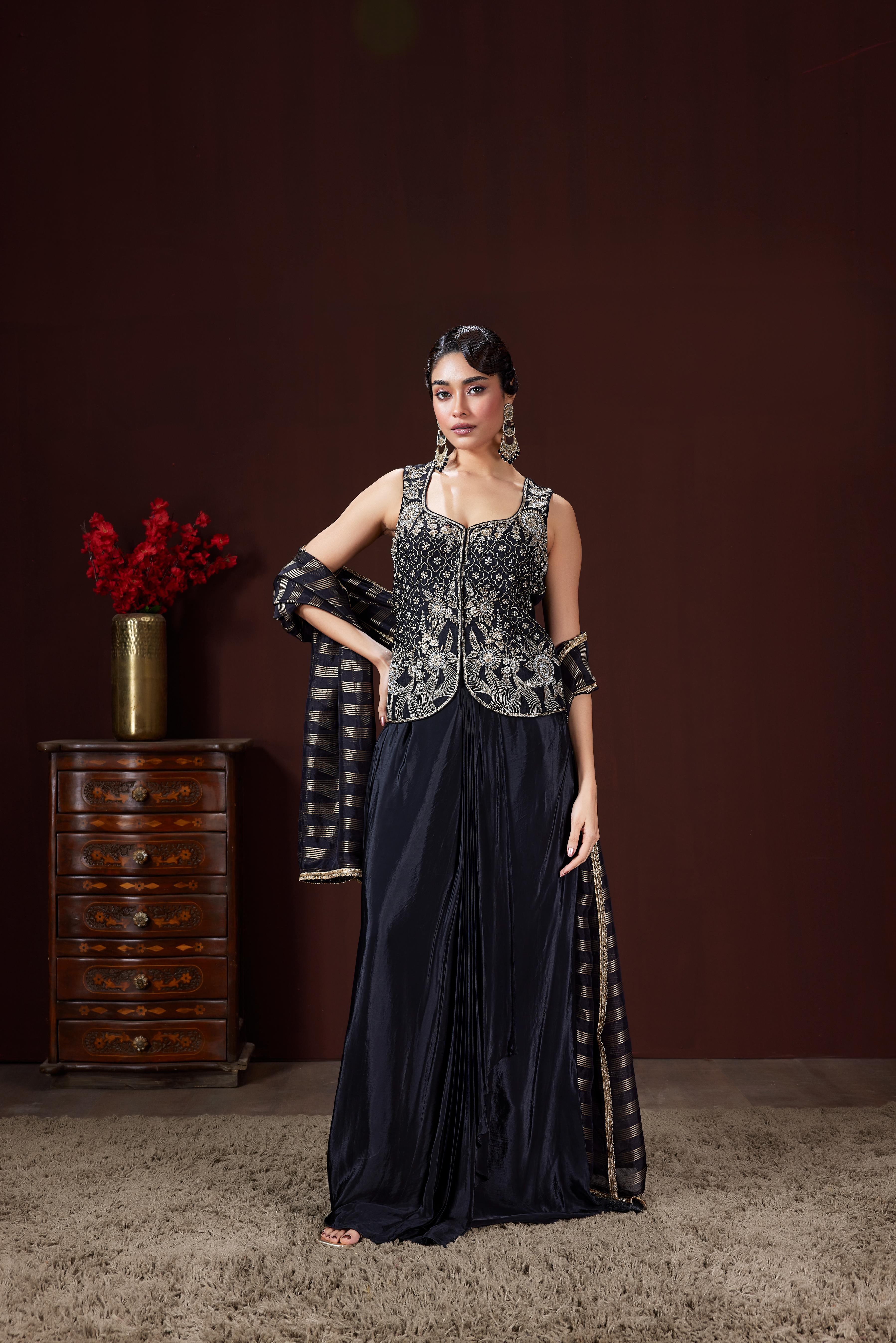 Classic Black Embellished Satin Silk Skirt Set
