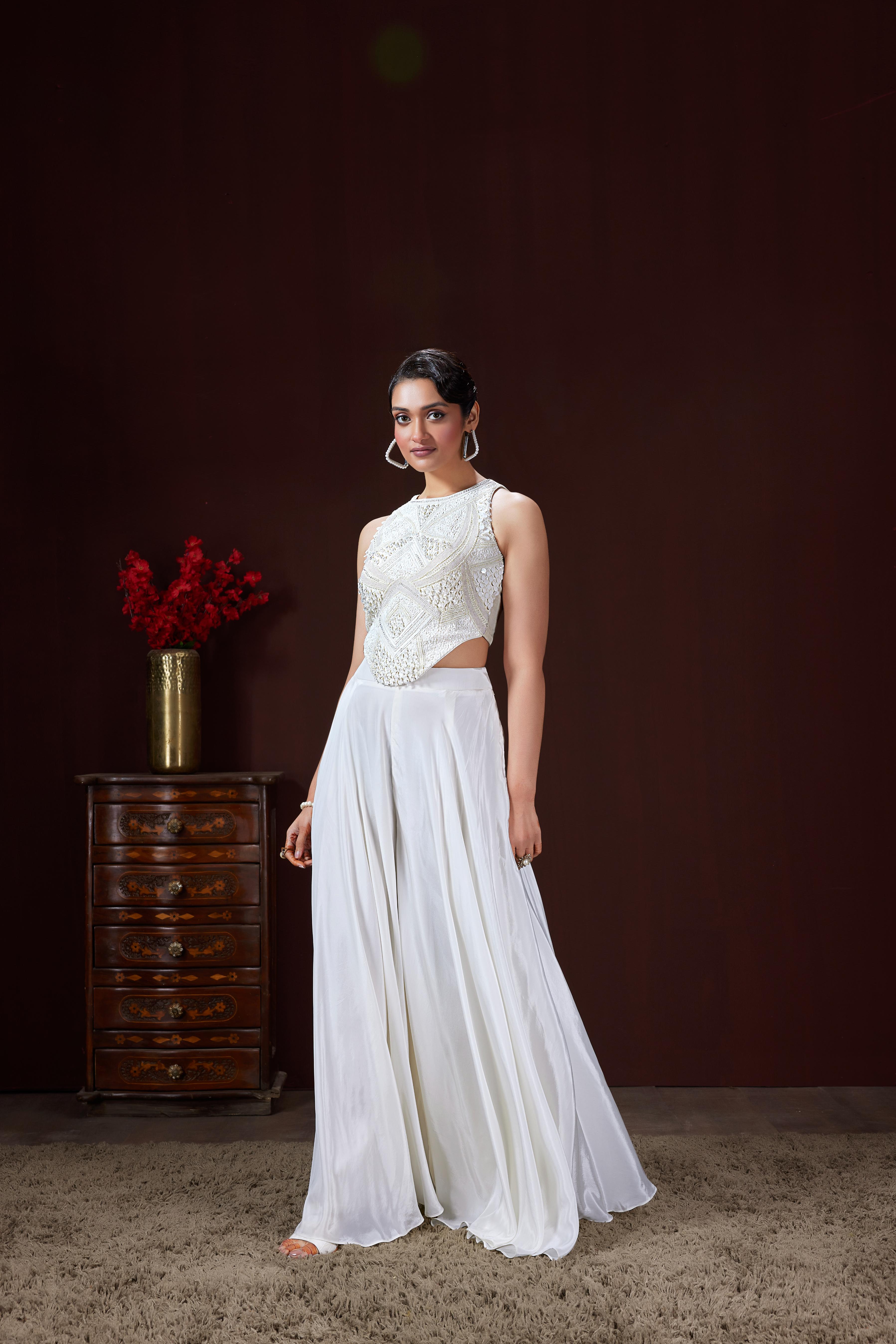 Pure White Embellished Crepe Silk Palazzo Set