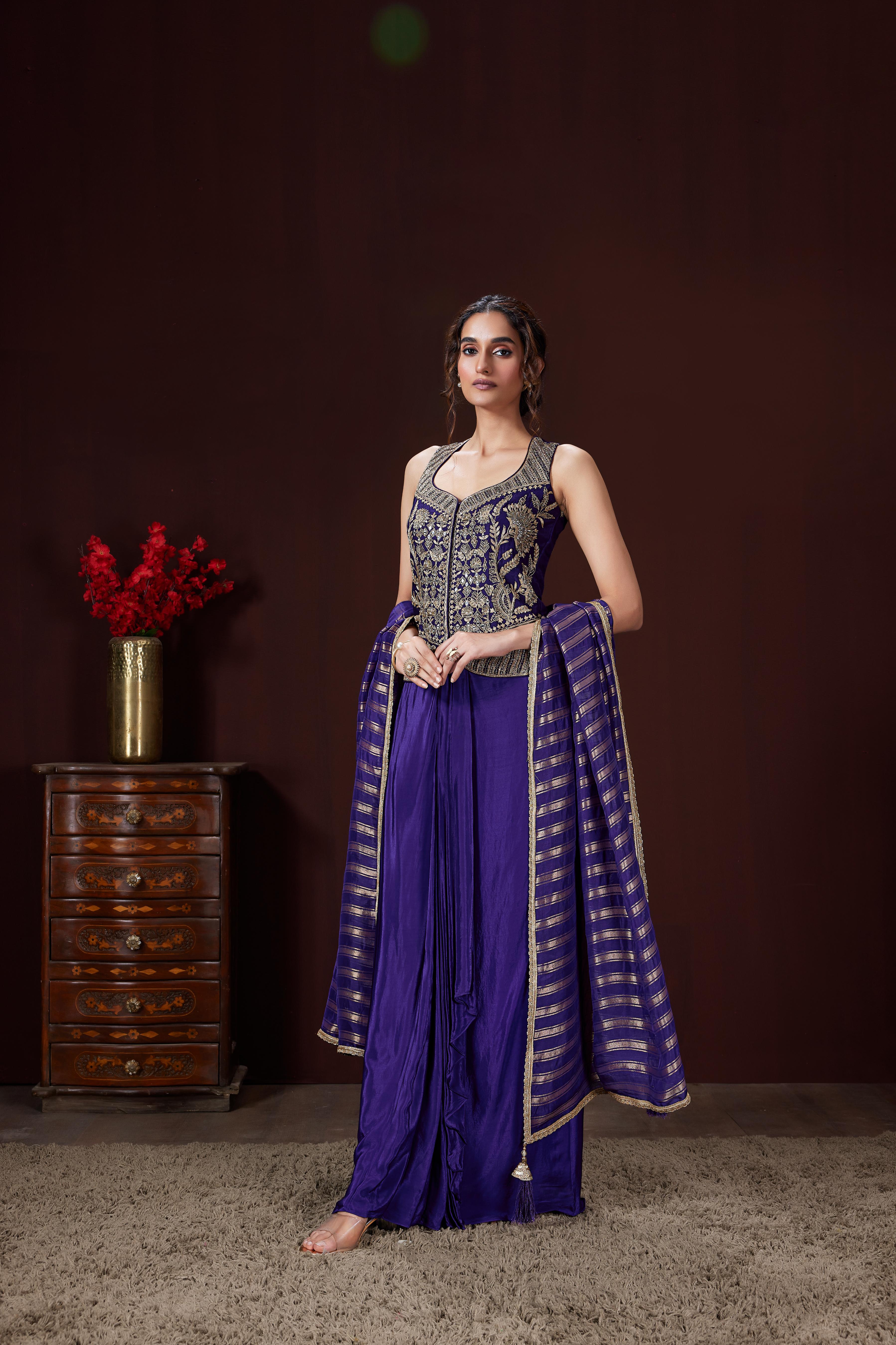Vibrant Purple Embellished Crepe Silk Skirt Set