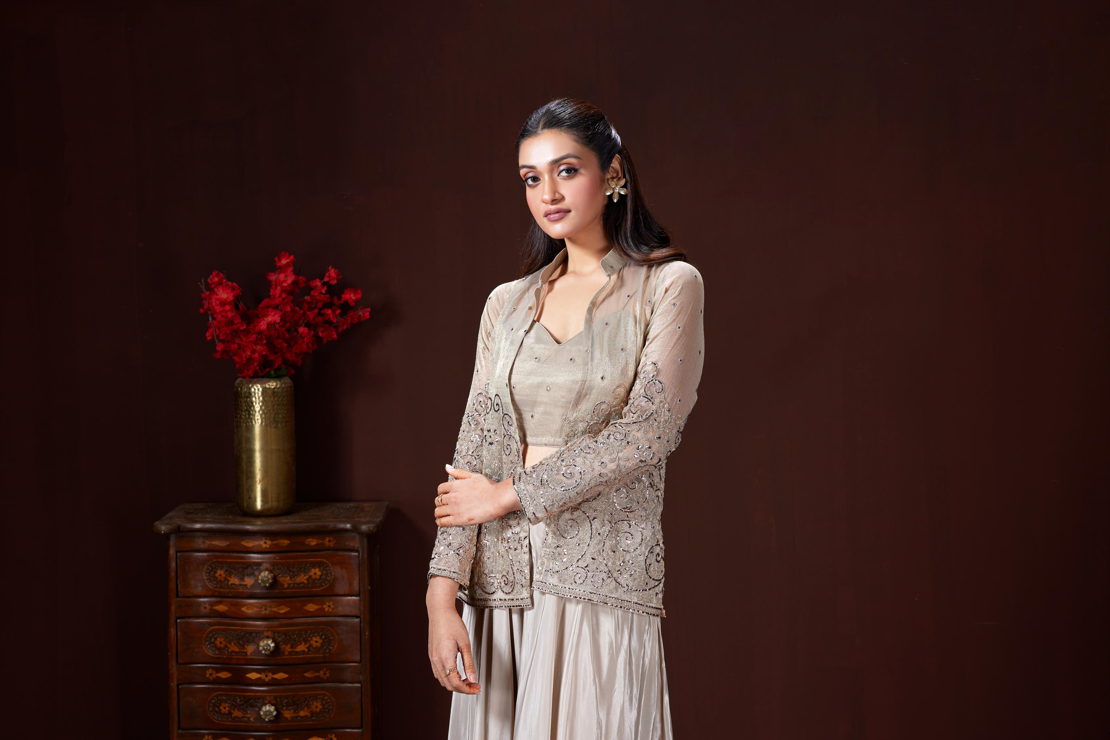 Ivory Silver Embellished Satin Silk Jacket Set