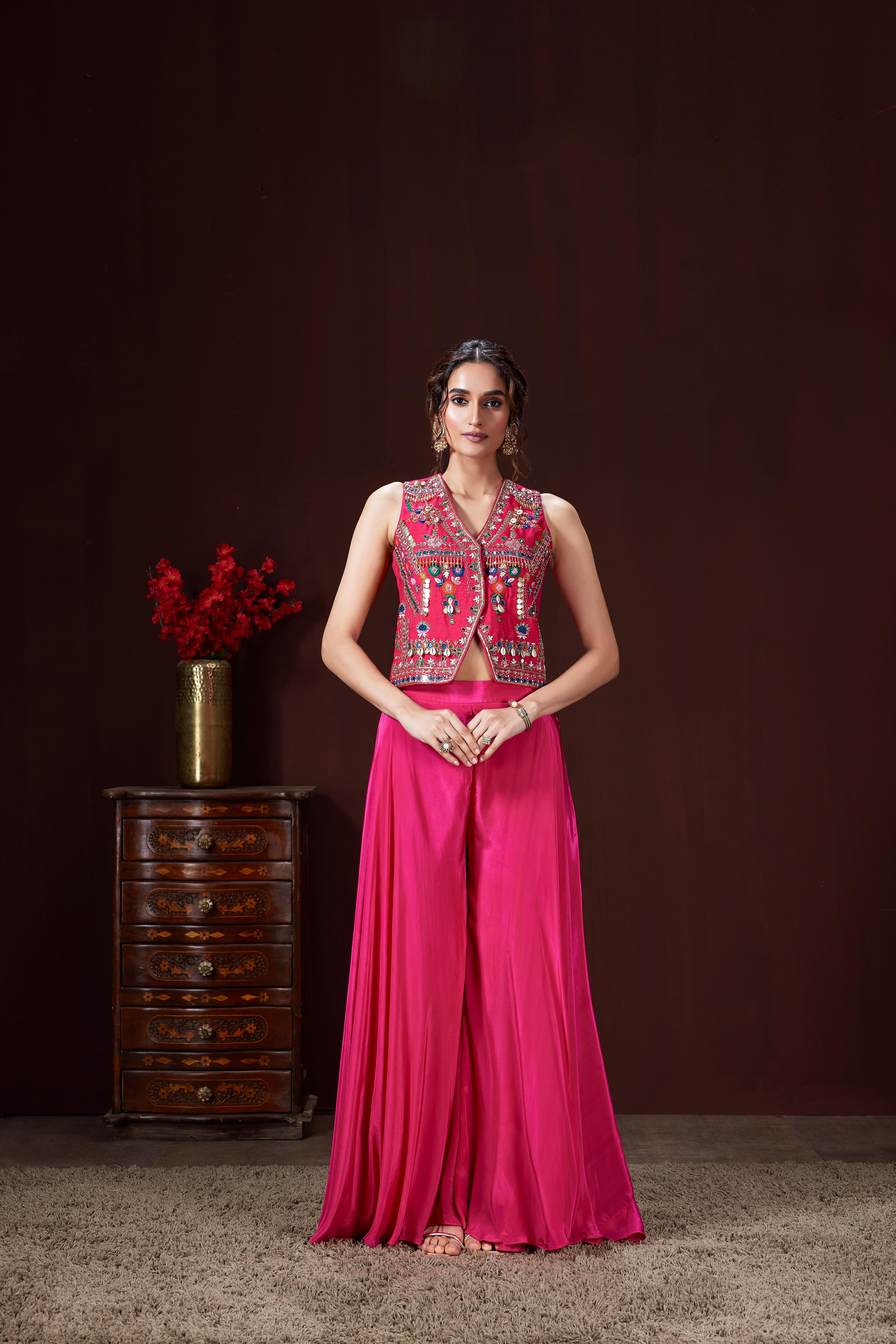 Dark Pink Embellished Crepe Silk Co-Ord Set