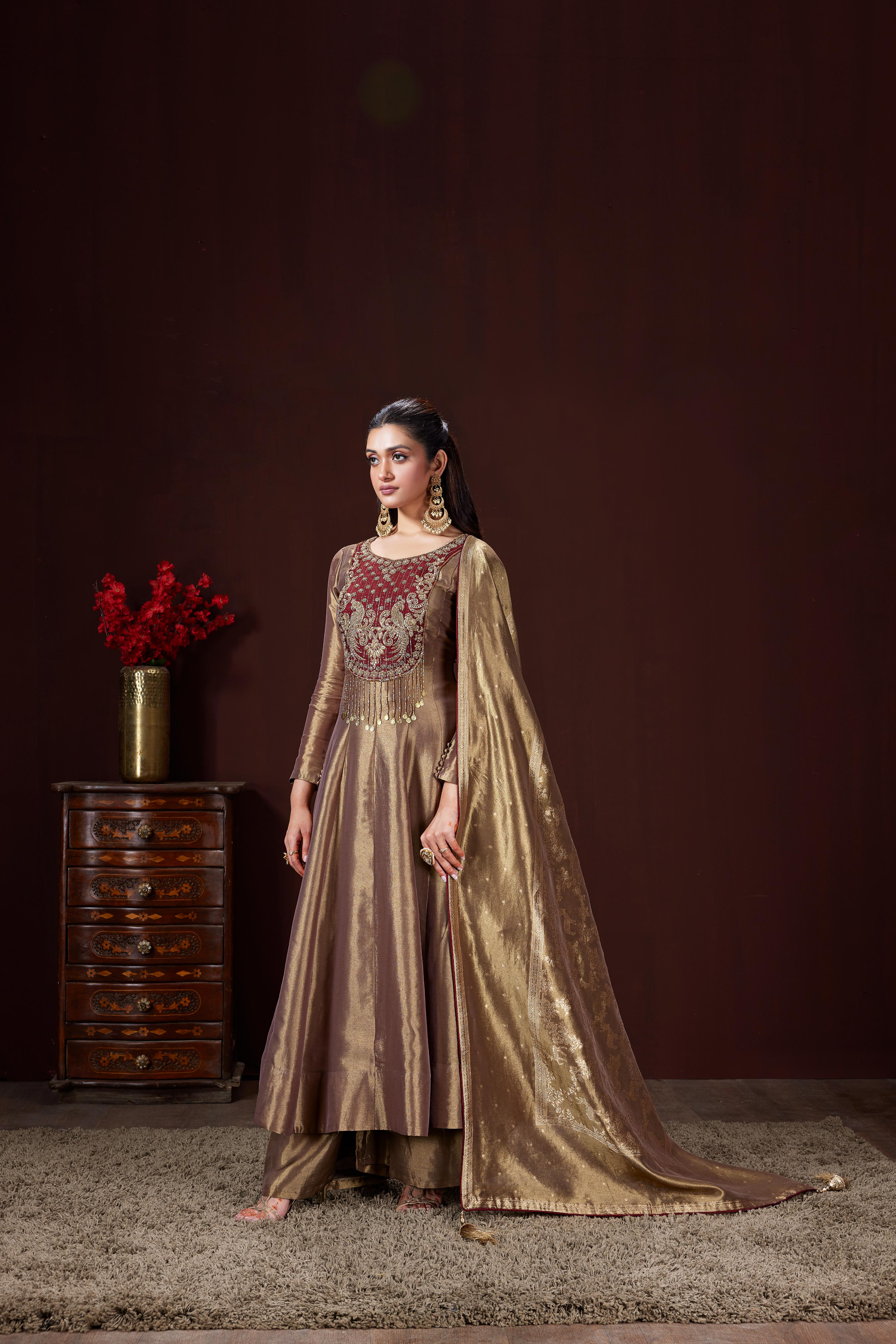 Metallic Gold Embellished Shimmer Tissue Silk Anarkali Set