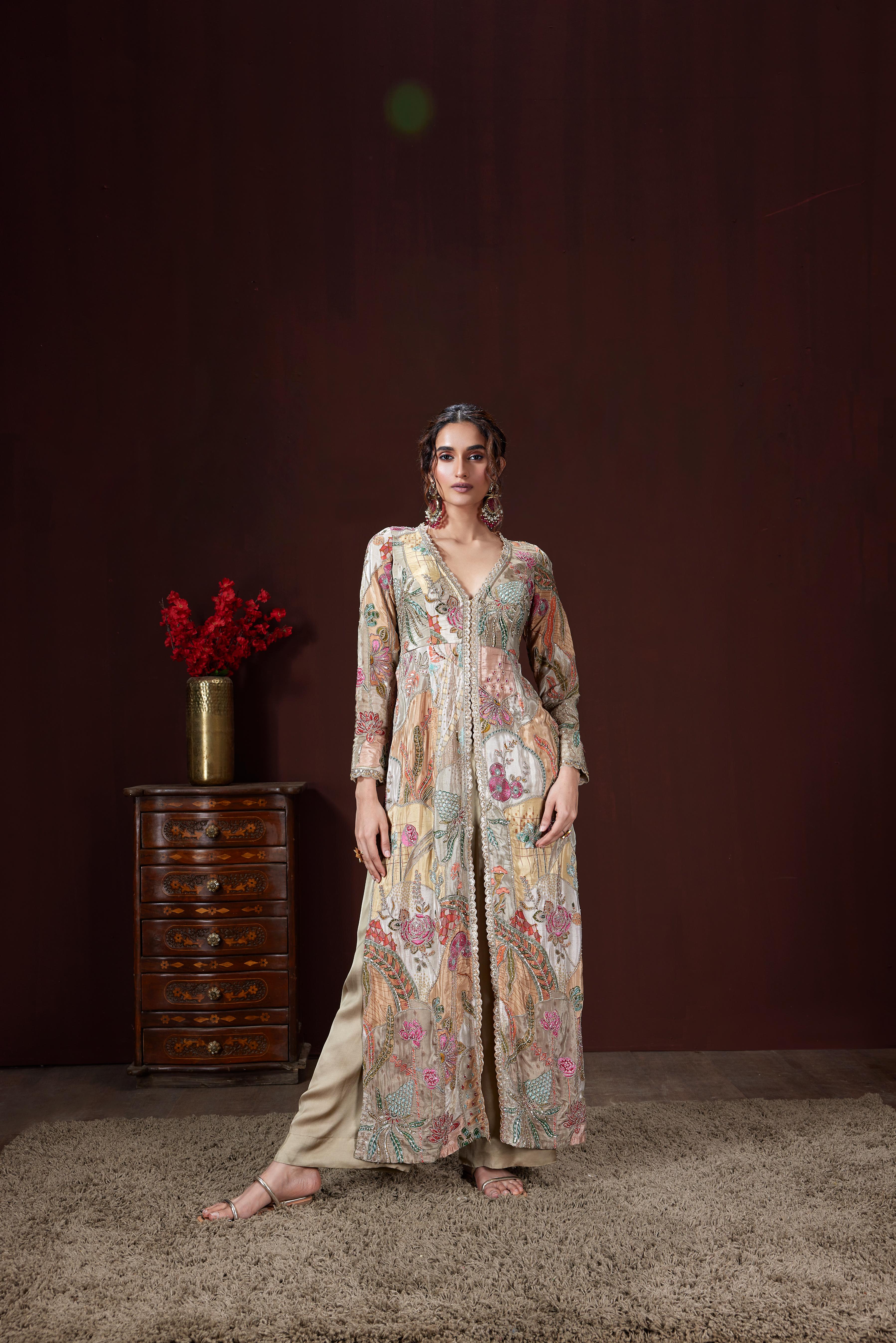 Light Beige Embellished Crepe Silk Kurta Set