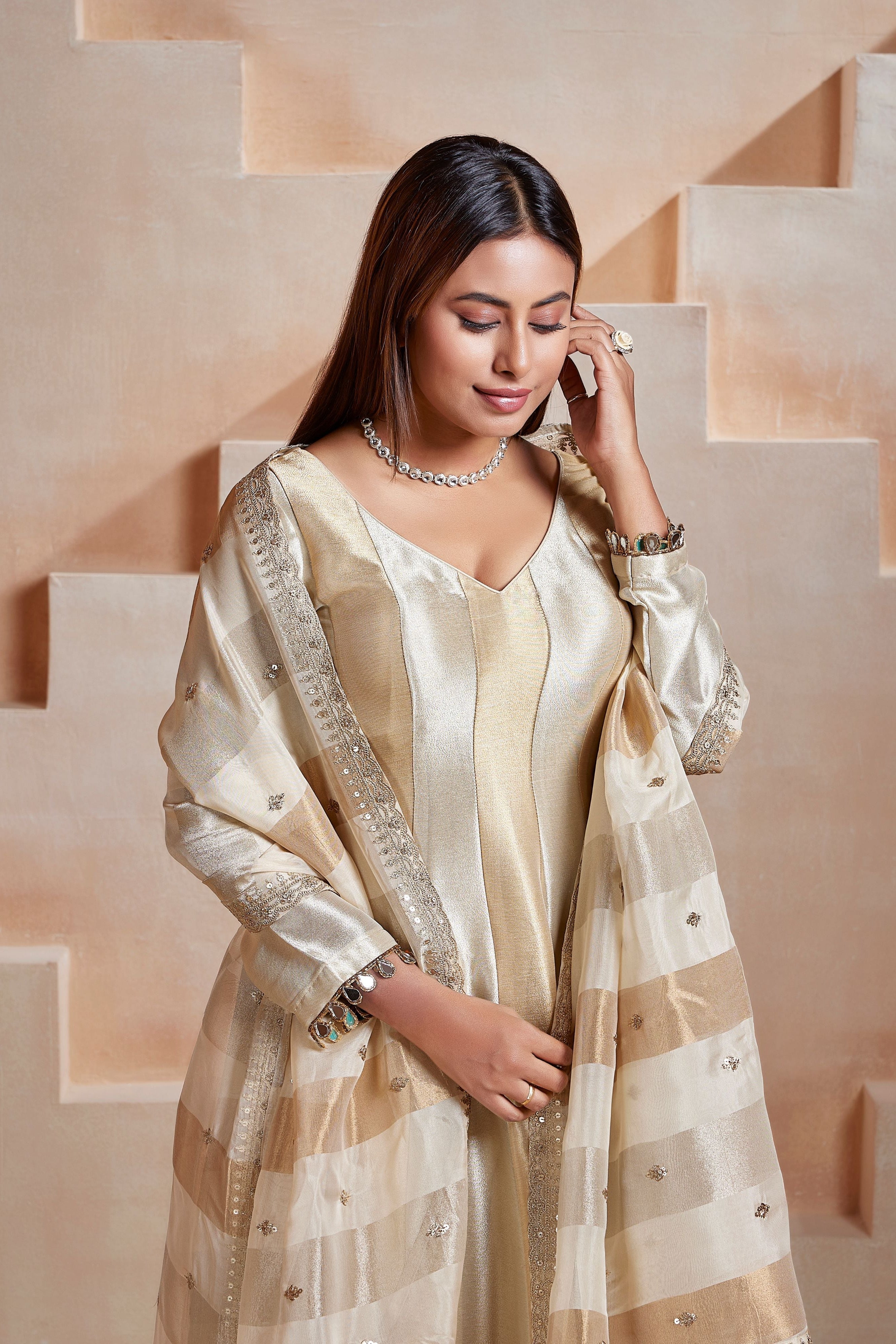 Champagne Metallic Embellished Tissue Silk Anarkali Set