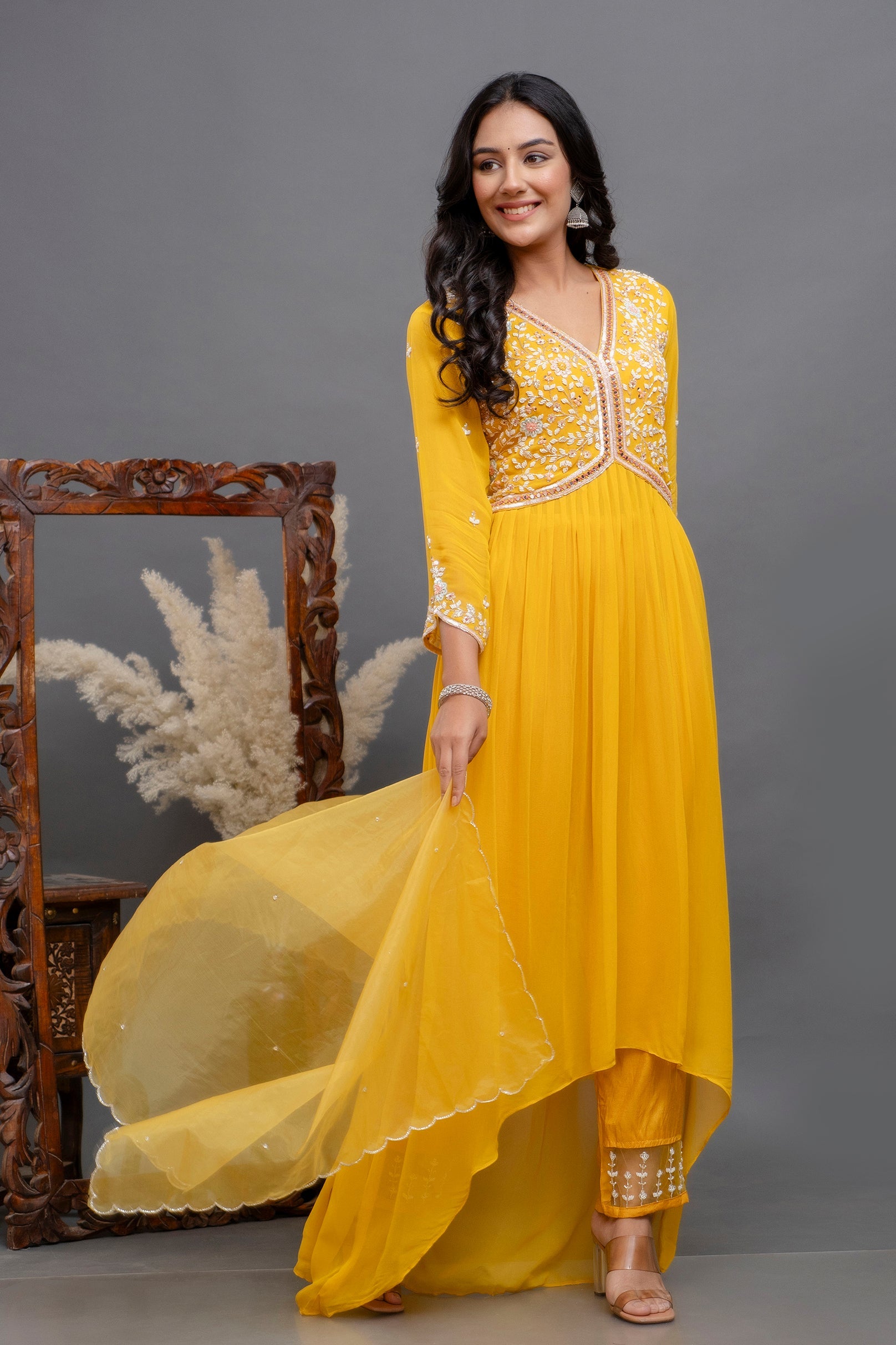 Bright Yellow Embellished Premium Georgette Silk Anarkali Set