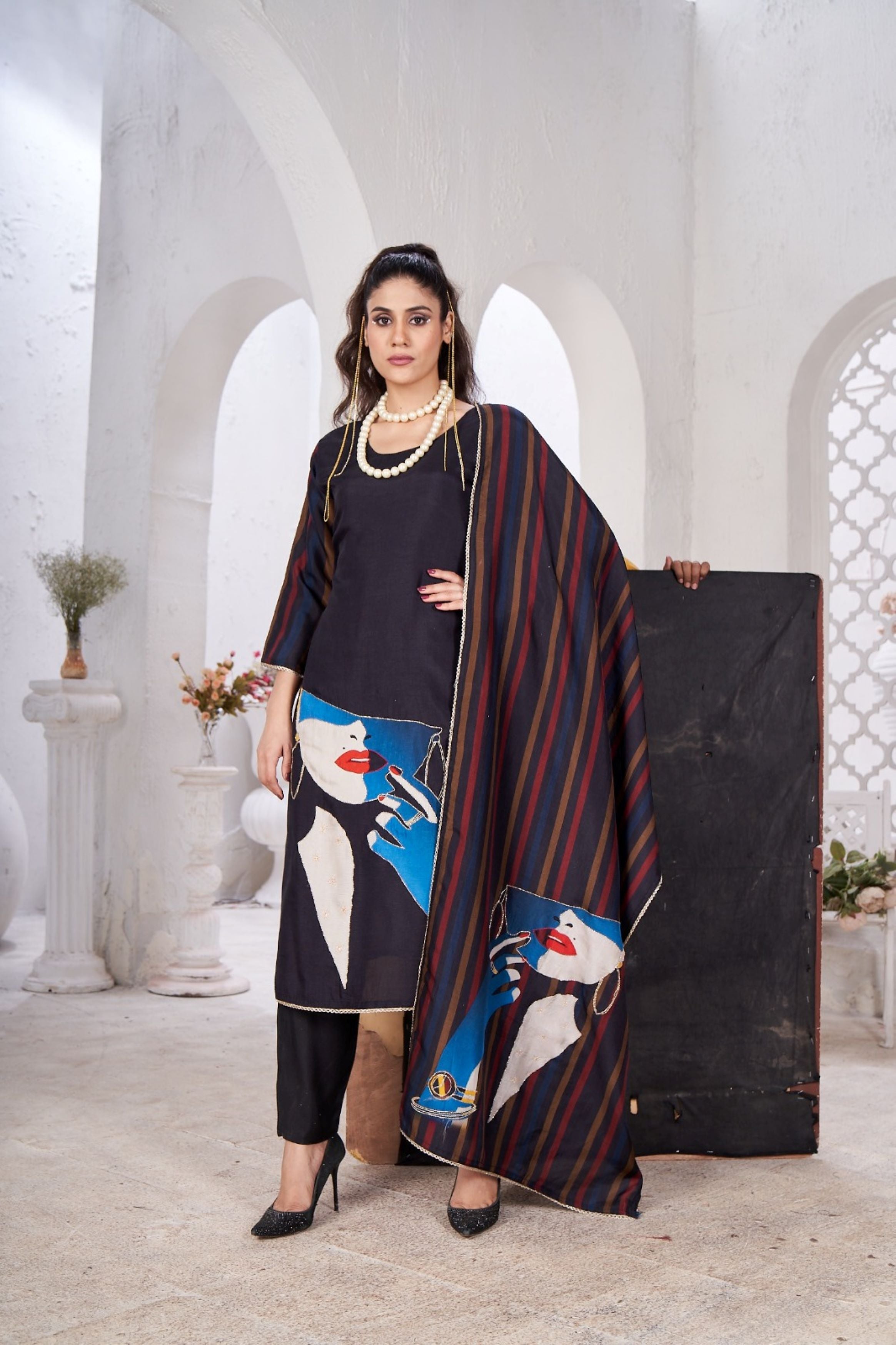 Black Digital Printed Crepe Silk Kurta Pant Set