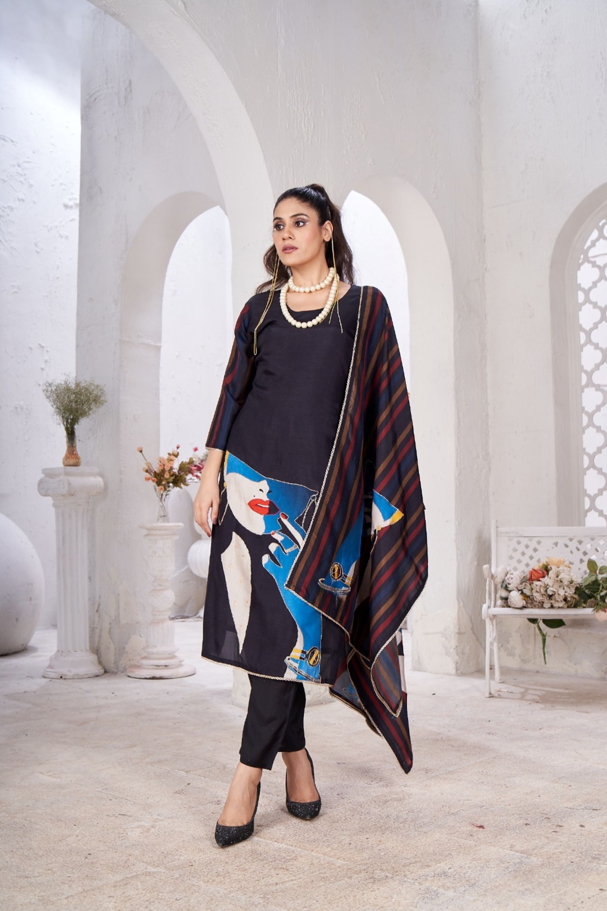 Black Digital Printed Crepe Silk Kurta Pant Set