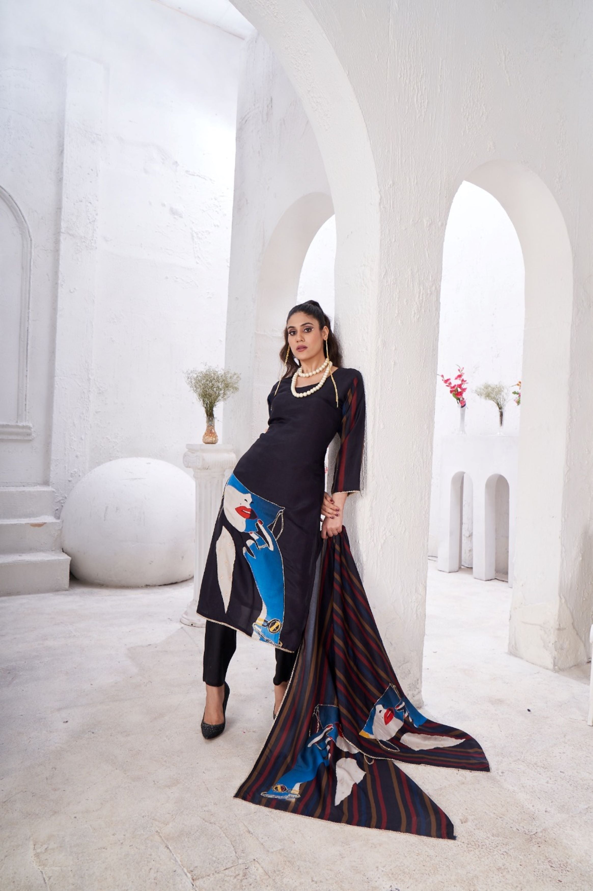 Black Digital Printed Crepe Silk Kurta Pant Set