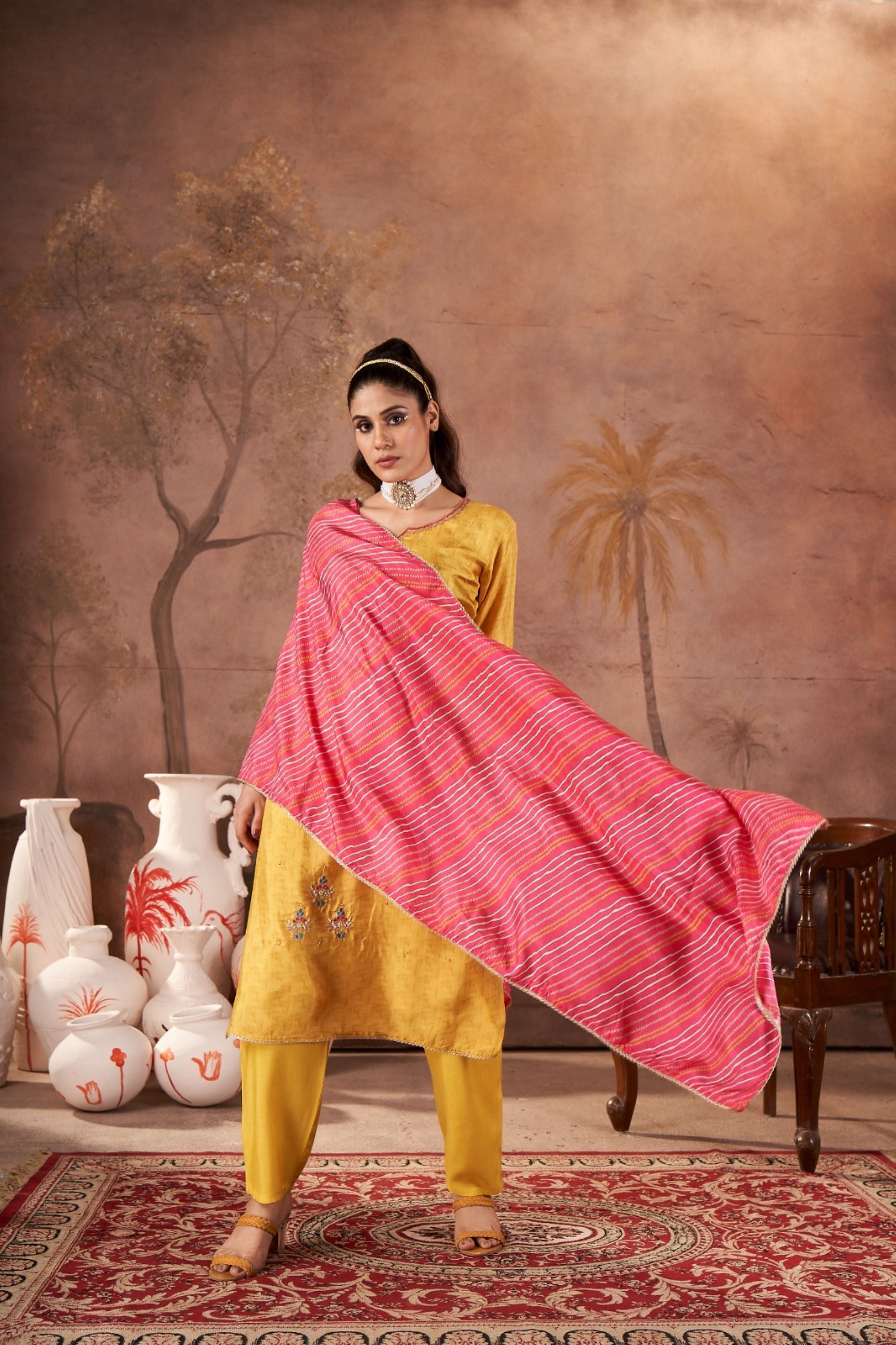 Bright Yellow Embellished Shimmer Tissue Silk Kurta Pant Set