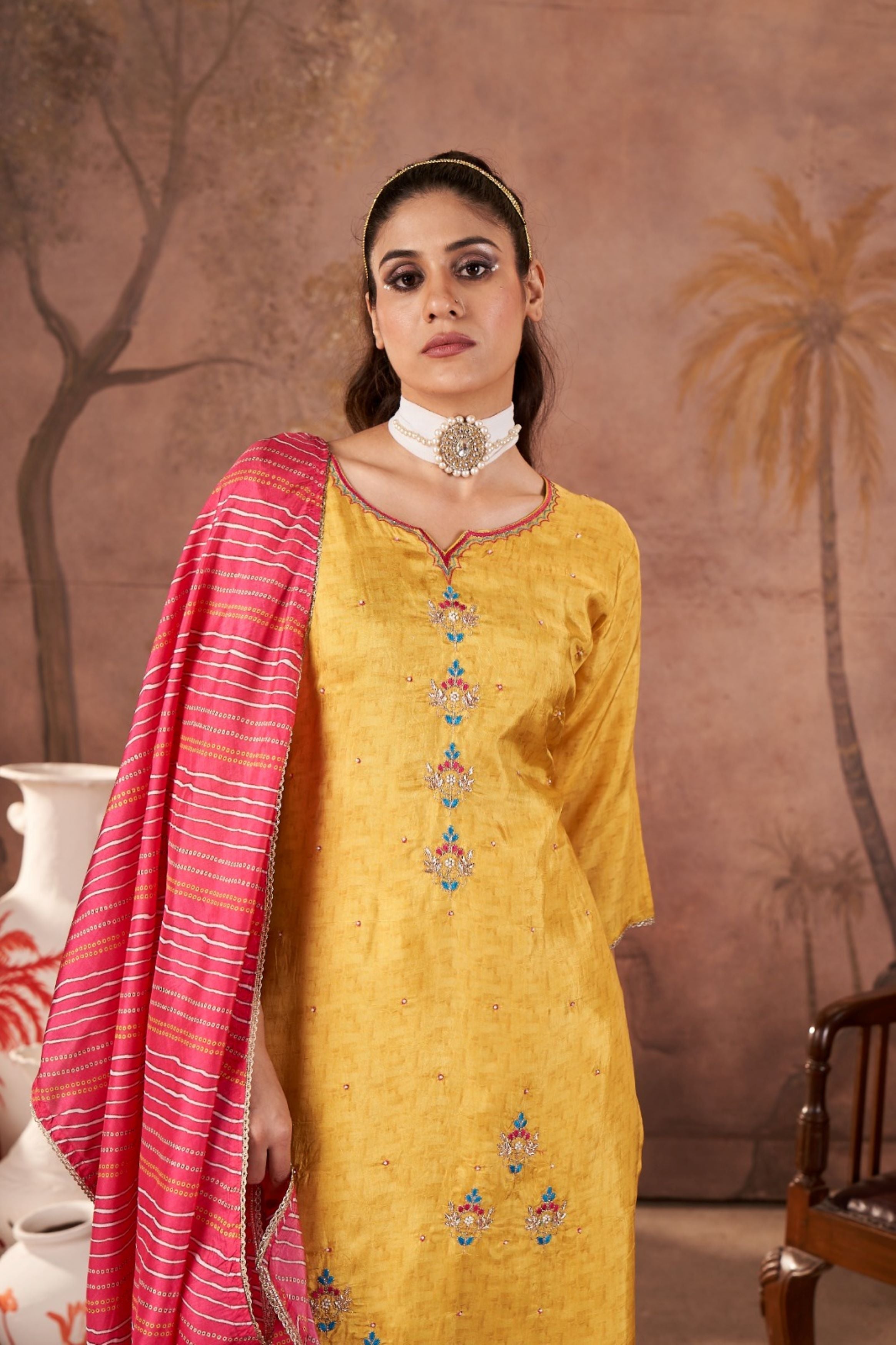 Bright Yellow Embellished Shimmer Tissue Silk Kurta Pant Set