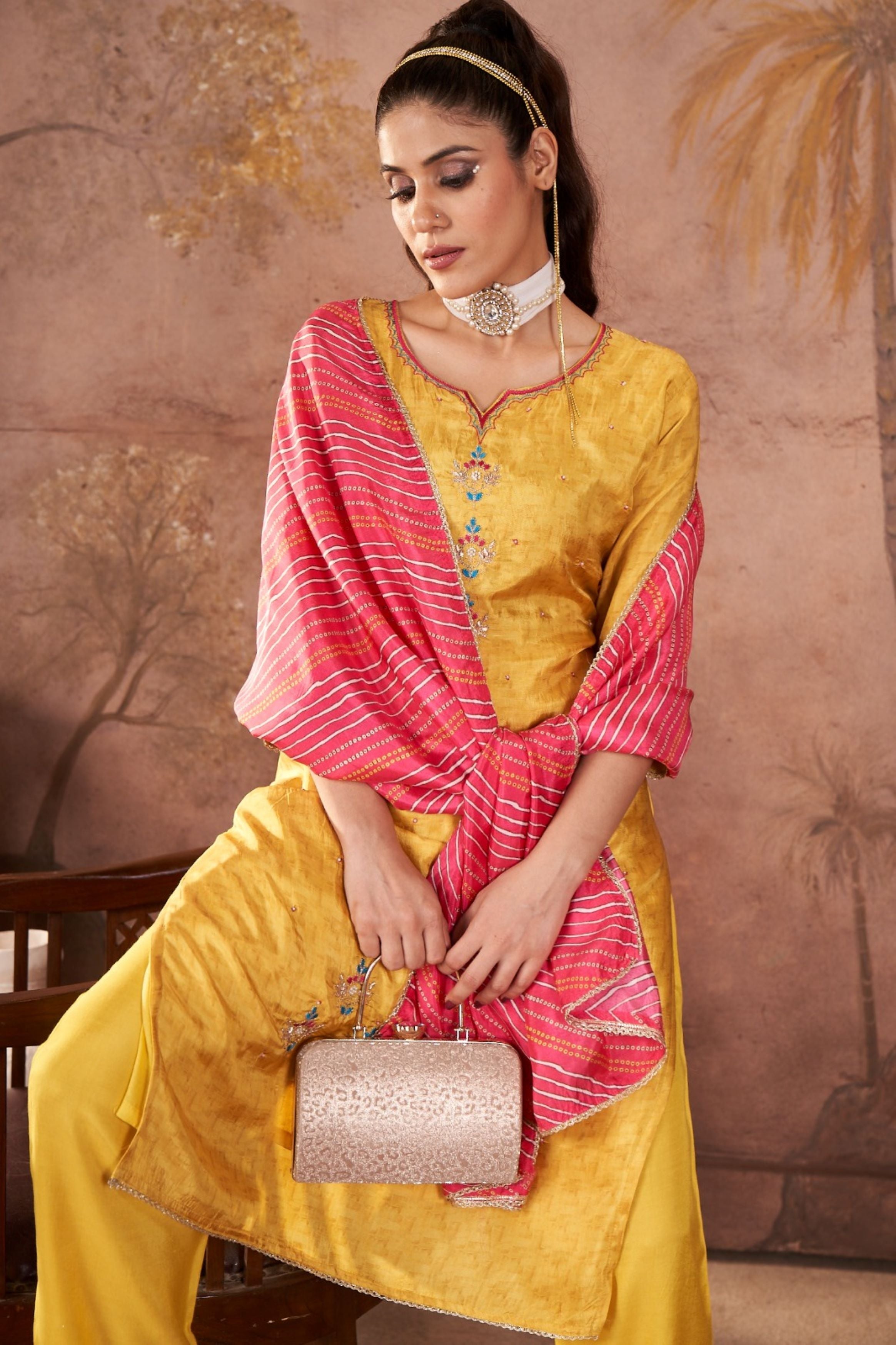 Bright Yellow Embellished Shimmer Tissue Silk Kurta Pant Set