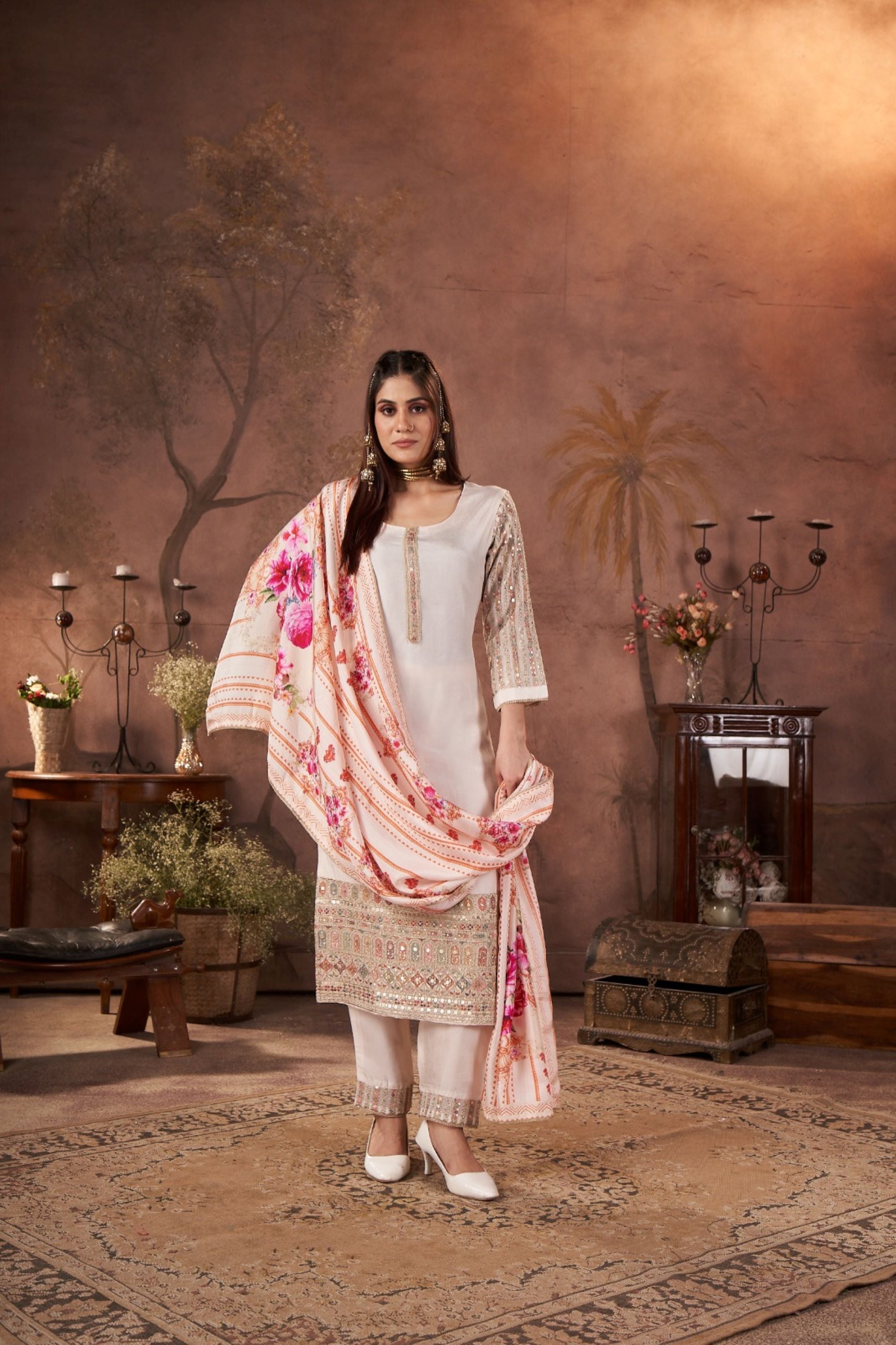 White Embellished Shimmer Tissue Silk Kurta Pant Set