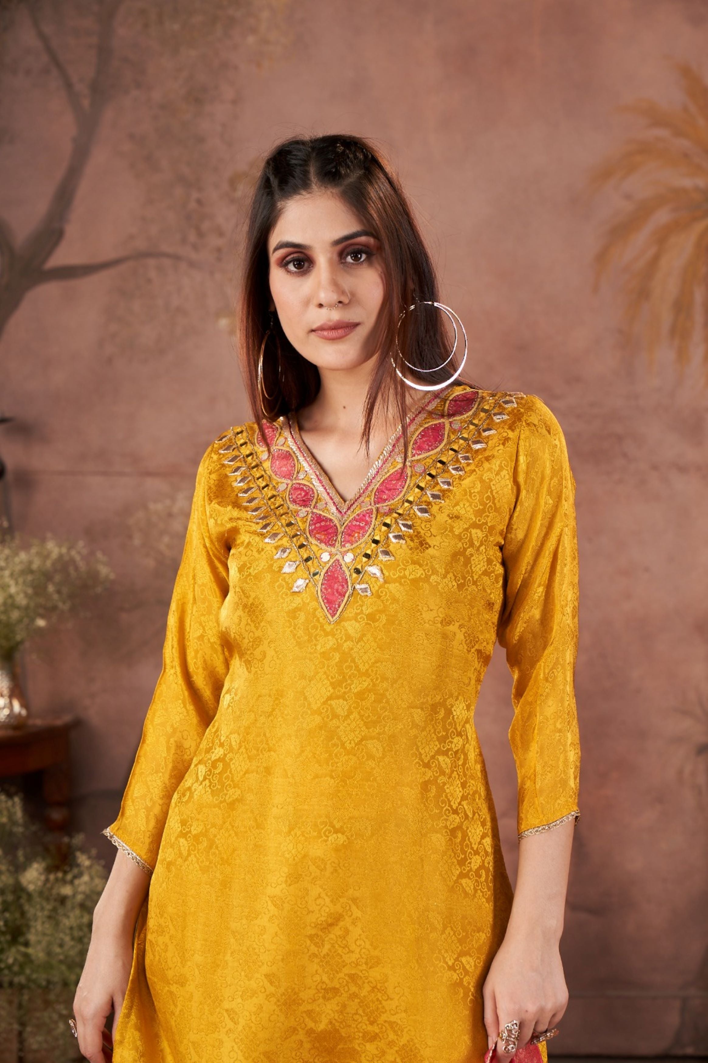 Yellow Embellished Tissue Silk Kurta Pant Set