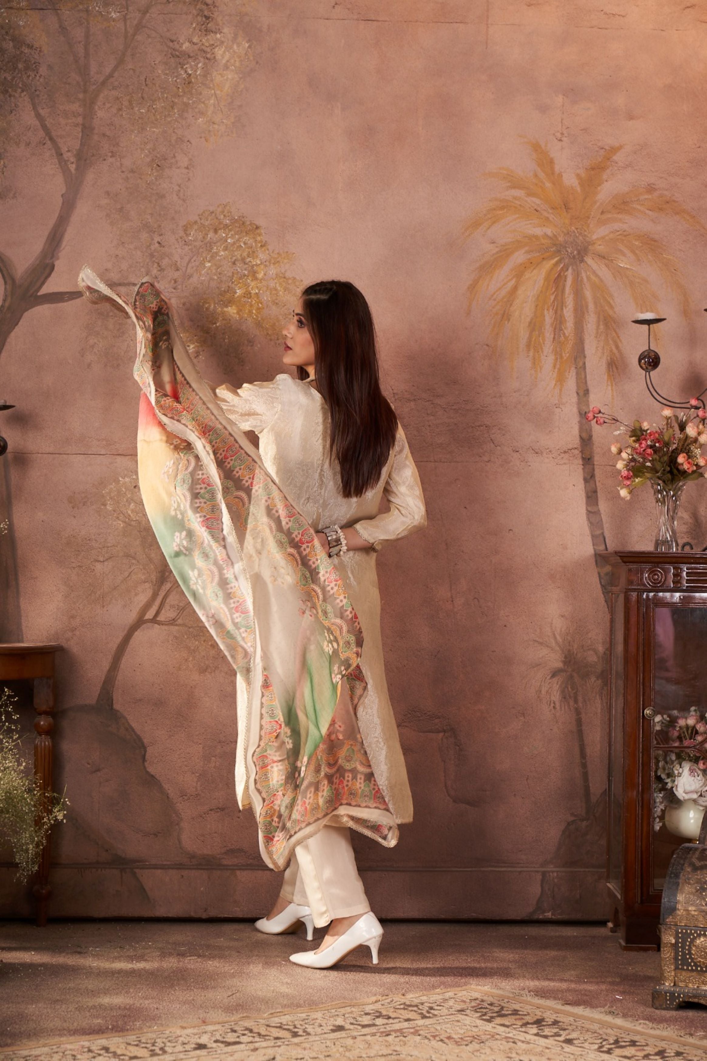 Golden Cream Embellished Shimmer Silk Kurta Pant Set