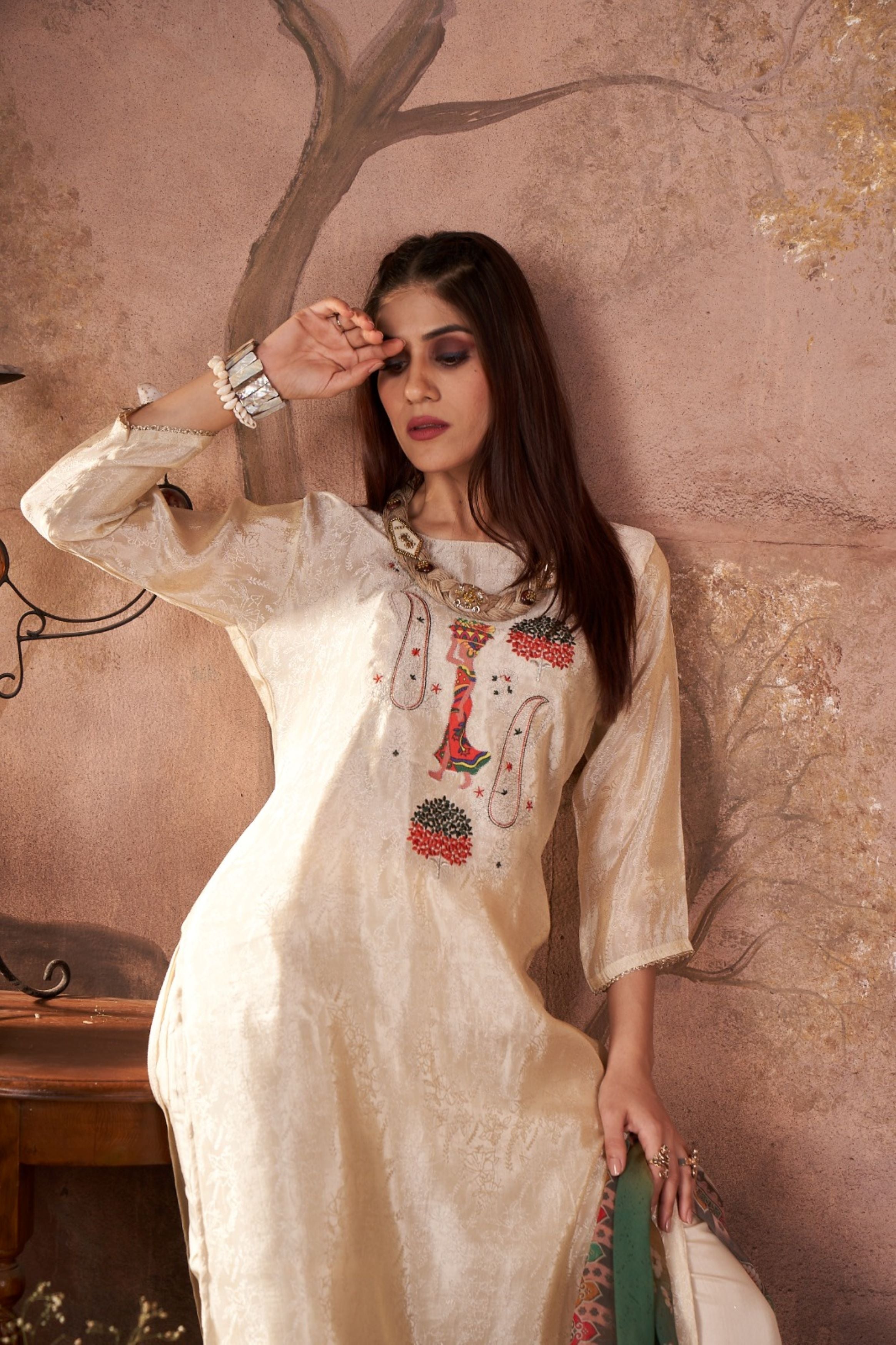 Golden Cream Embellished Shimmer Silk Kurta Pant Set