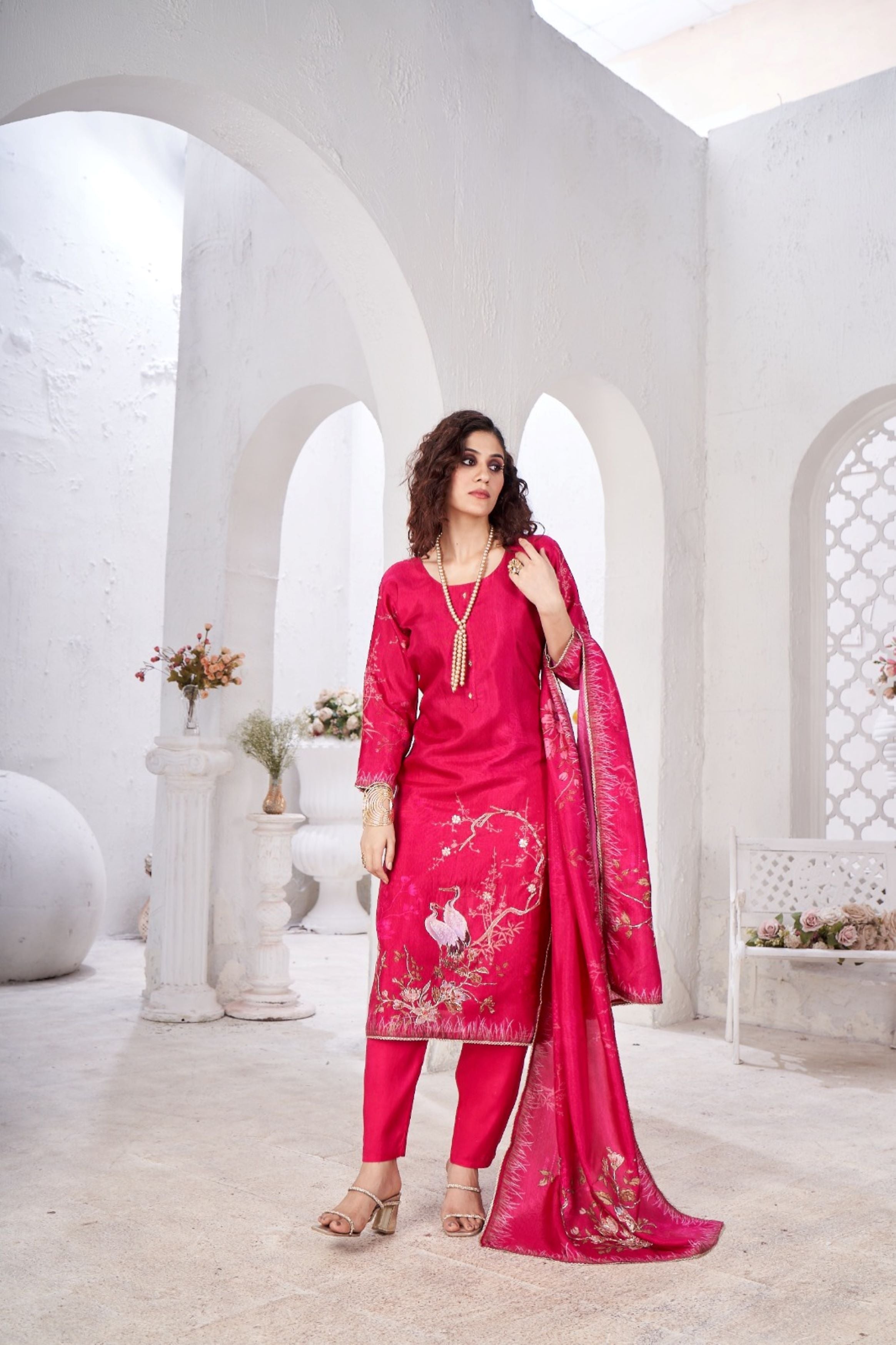 Pink Digital Printed Shimmer Tissue Silk Kurta Pant Set