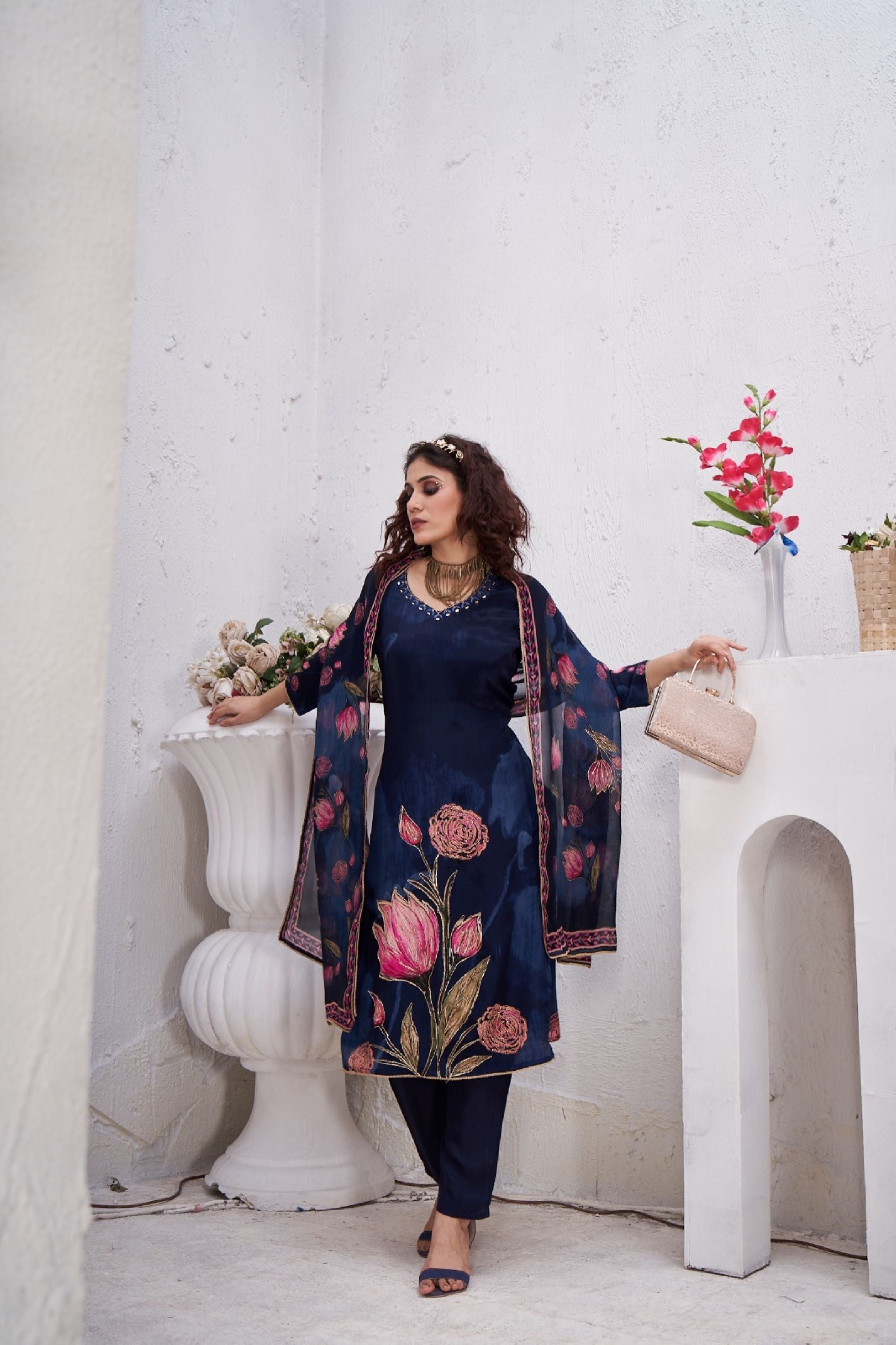 Blue Floral Printed Muslin Silk Kurta Pant Set