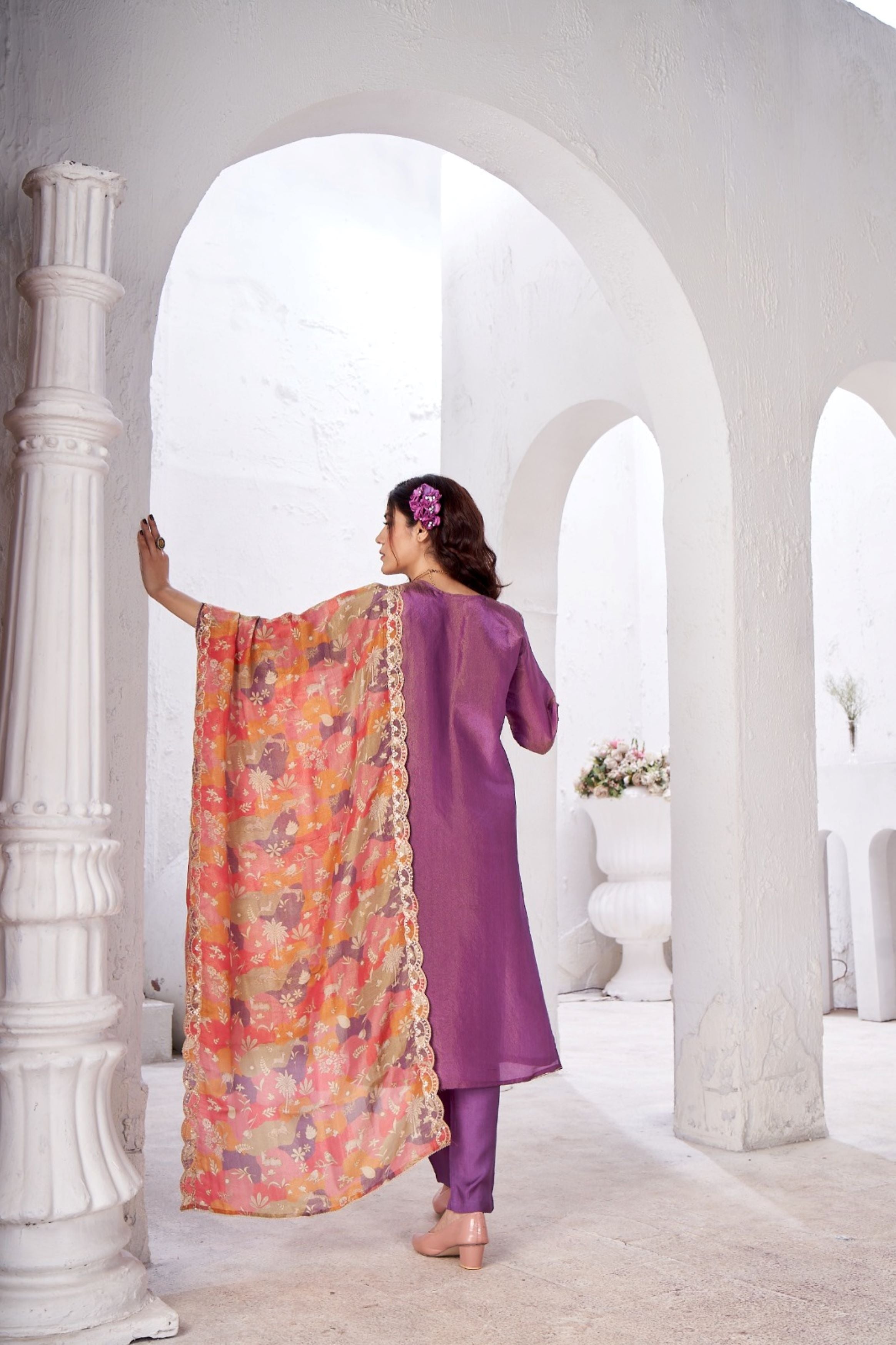 Pastel Purple Embellished Shimmer Tissue Silk Kurta Pant Set