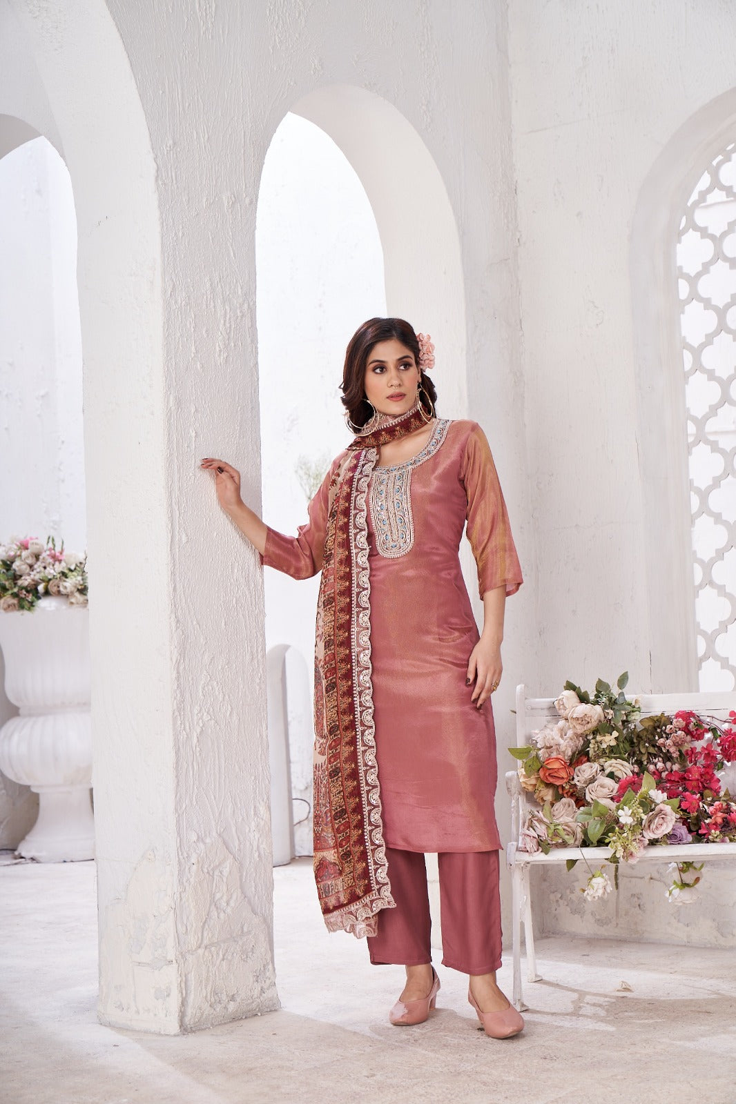 Blush Pink Embellished Shimmer Tissue Silk Kurta Pant Set