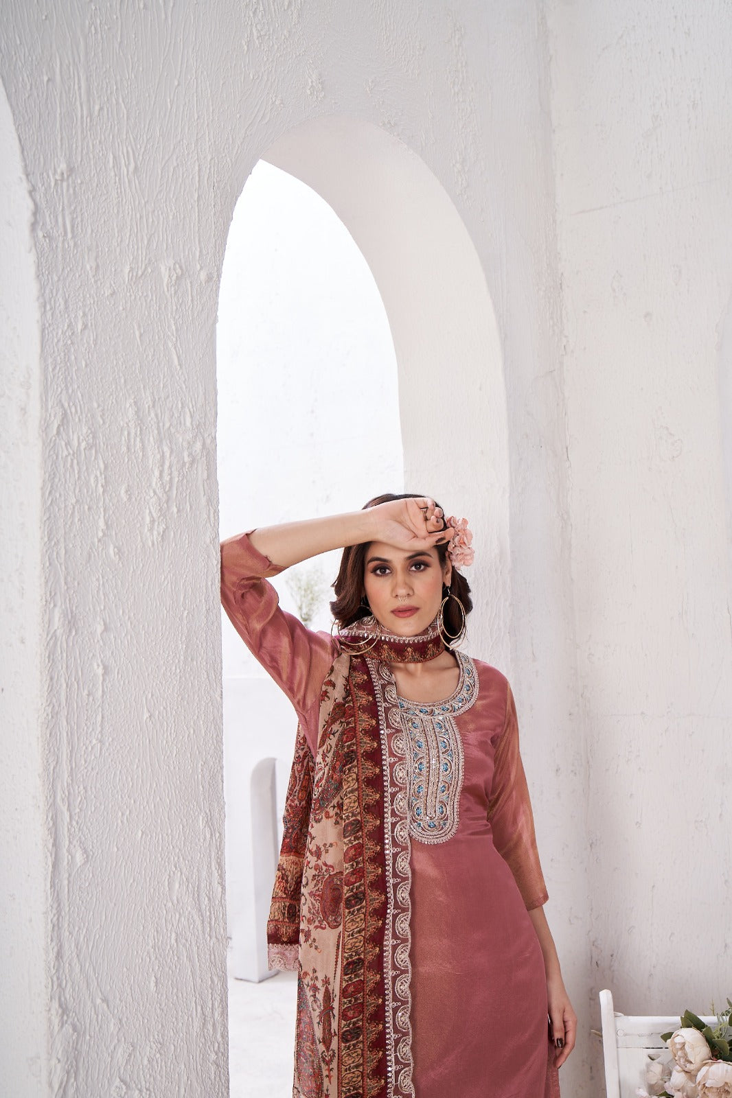 Blush Pink Embellished Shimmer Tissue Silk Kurta Pant Set