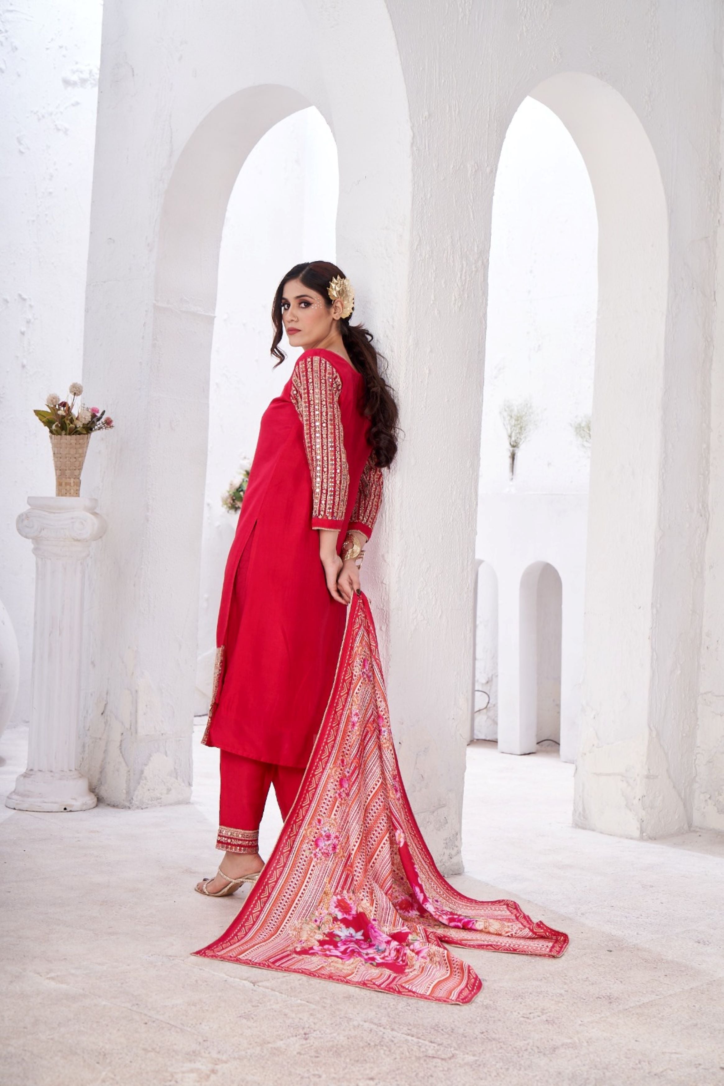 Brink Pink Embellished Glass Tissue Silk Kurta Pant Set