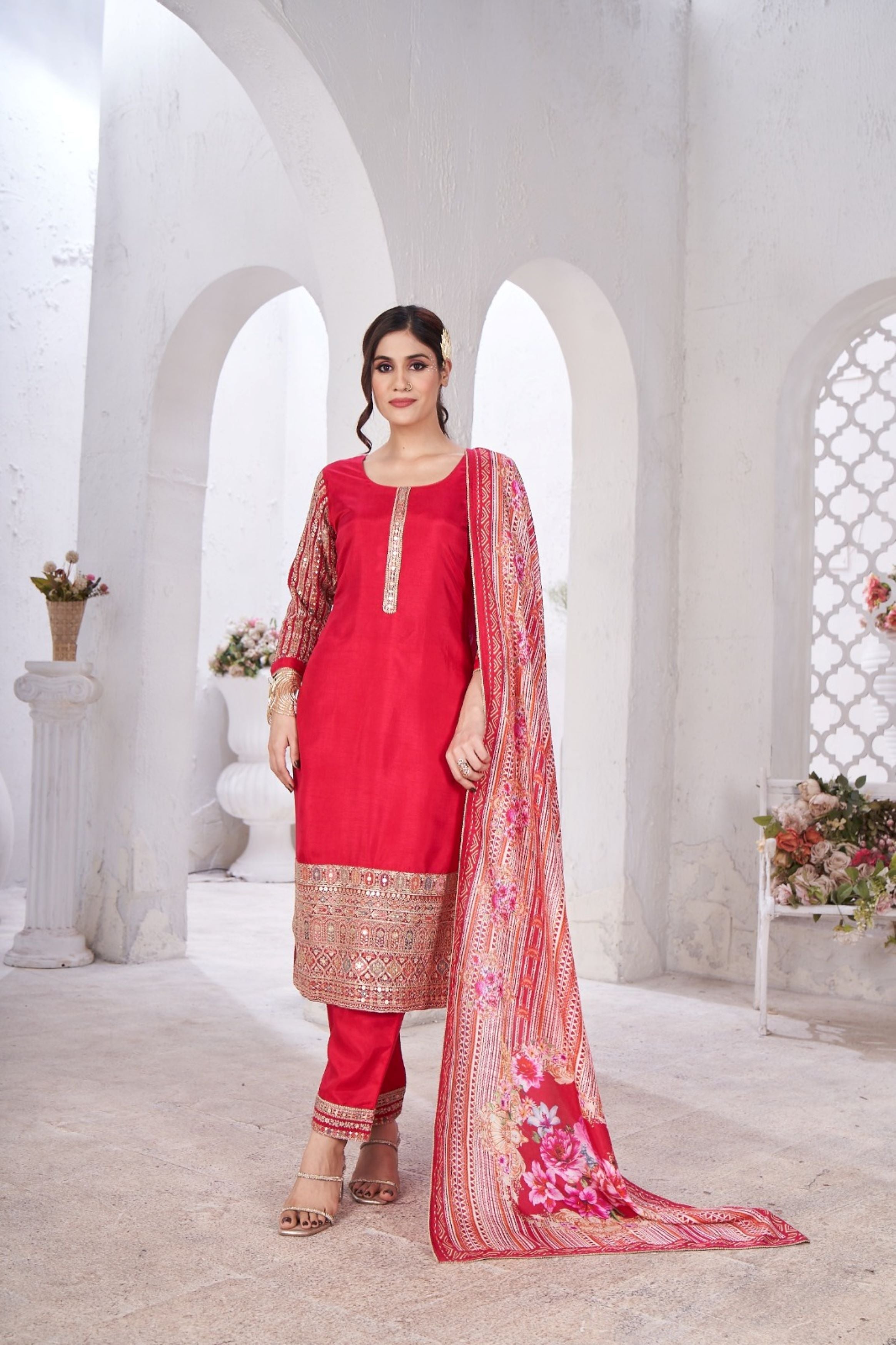 Brink Pink Embellished Glass Tissue Silk Kurta Pant Set